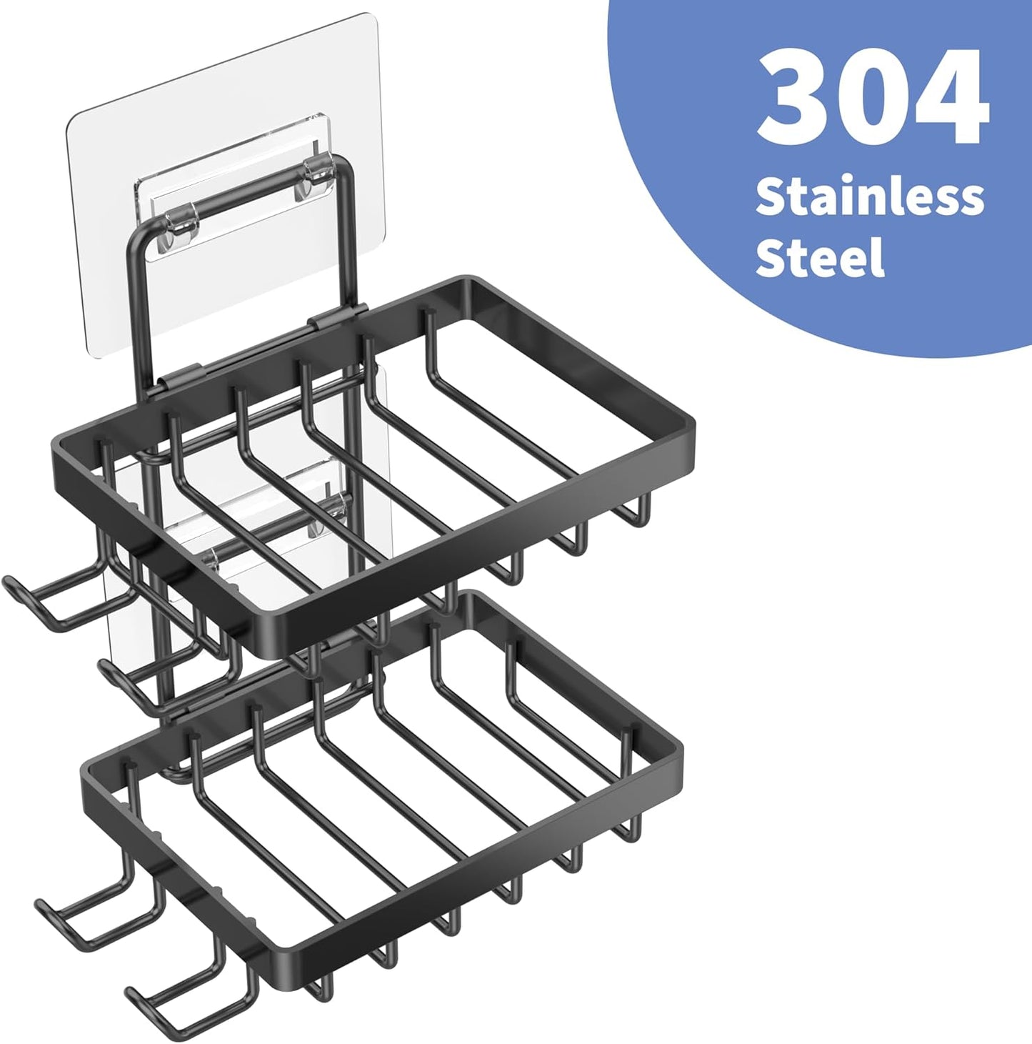 Moforoco Double Soap Bar Holder for Shower, No Drilling, 304 Stainless Steel, Wall Mounted Soap Holder with 4 Hooks and Razor Holder, Shower Rack Soap Tray Bar Soap for Bathroom Accessories Organizer