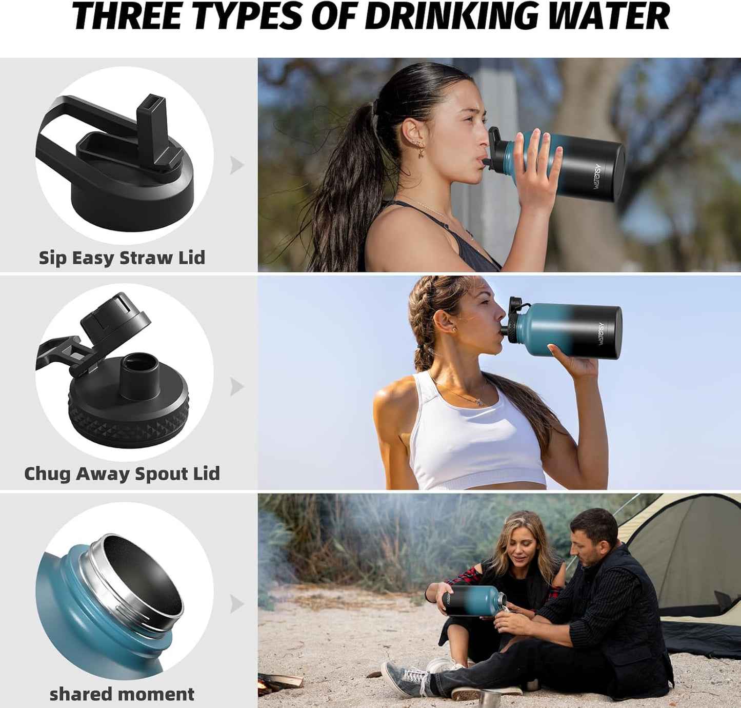 64oz Insulated Water Bottle (Cold for 48 Hrs),BPA Free&Leak Proof,Half Gallon Stainless Steel Water Flask,Water Jug with Straw Spout Lids for Gym,Hiking,Camping,Black Blue