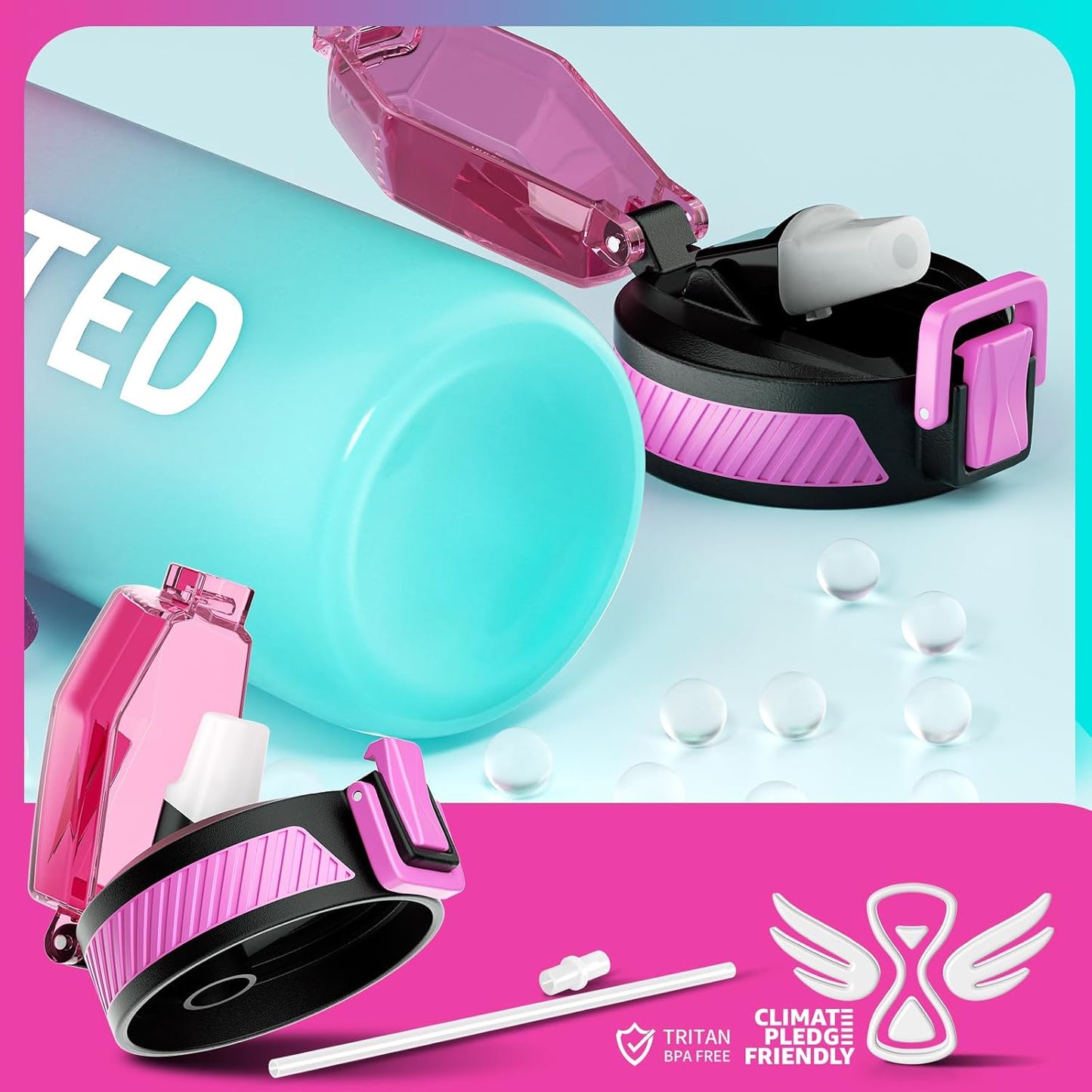 Water Bottle with Straw, 32oz Motivational Water Bottles with Time Marker to Drink, Tritan BPA Free, 1L Sports Water Bottle with Carry Strap LeakProof for Women Gym Fitness Outdoor (1 Pack)