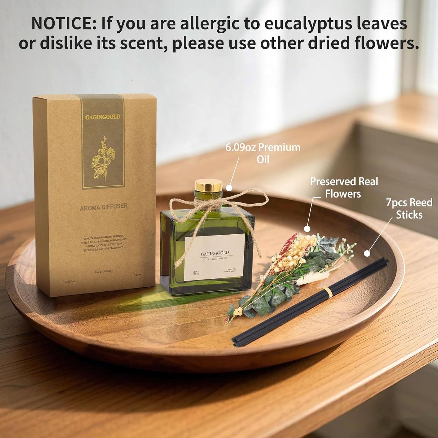 Reed Diffuser, 6.09 oz Earthy Sandalwood Scent Diffuser with Sticks & Dried Flowers, 120 Days Long Lasting diffusers for Home, Elegant Fragrance for Bathroom Bedroom Office Decor Air Fresh