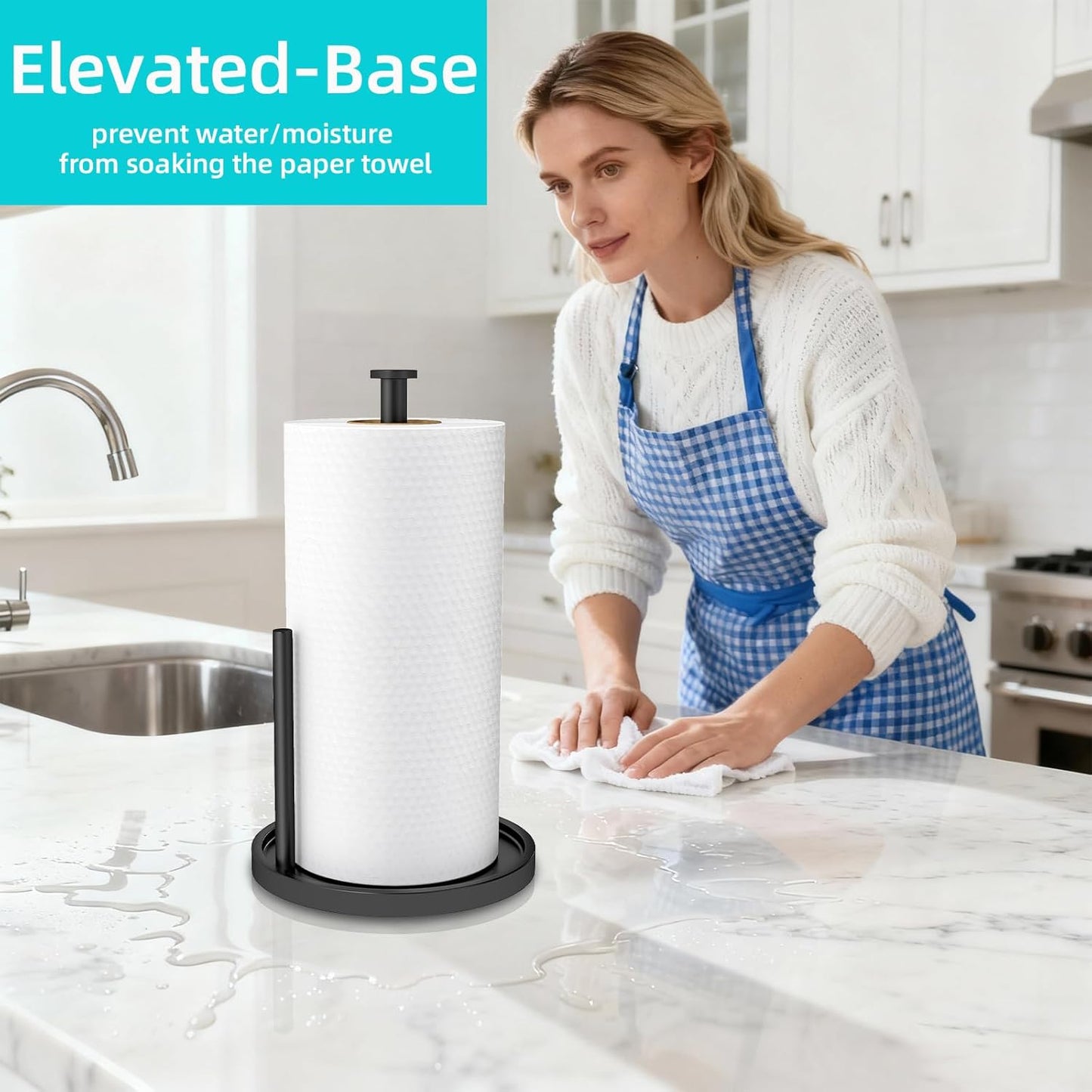 Paper Towel Holder Countertop, Standing Paper Roll Holder with Anti Slip Weighted Base, Stainless Steel Freestanding Paper Towel Holder for Kitchen, Black