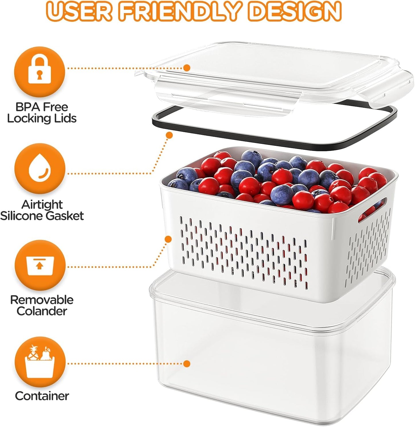 5-Pack Fruit Storage Containers for Fridge with Removable Colanders, 4 in 1 Produce Storage Containers with Lids, Leakproof Fridge Organizer Bins for Salad Berry Lettuce Vegetables Meat Keeper Fresh