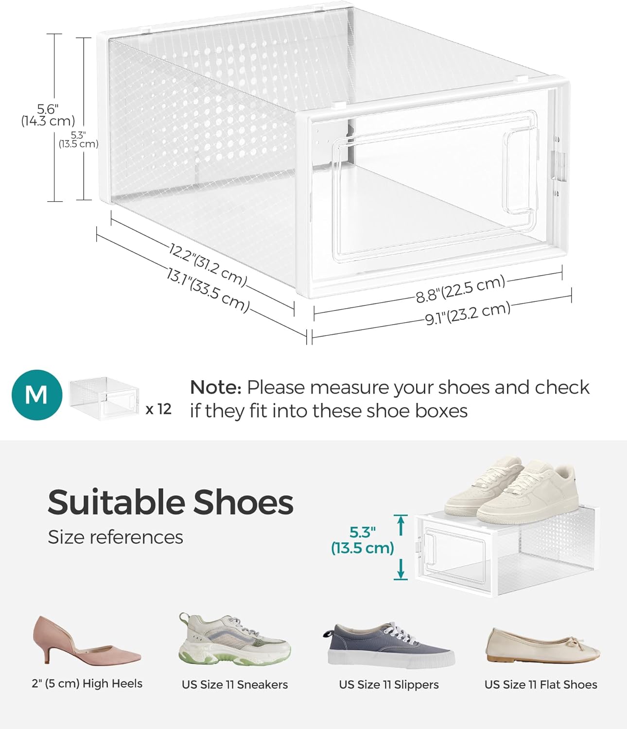 SONGMICS Shoe Boxes, Pack of 12 Shoe Storage Organizers, Stackable Clear Plastic Boxes for Closet, Sneakers, 13.1 x 9.1 x 5.6 Inches, Transparent and White ULSP12SWT