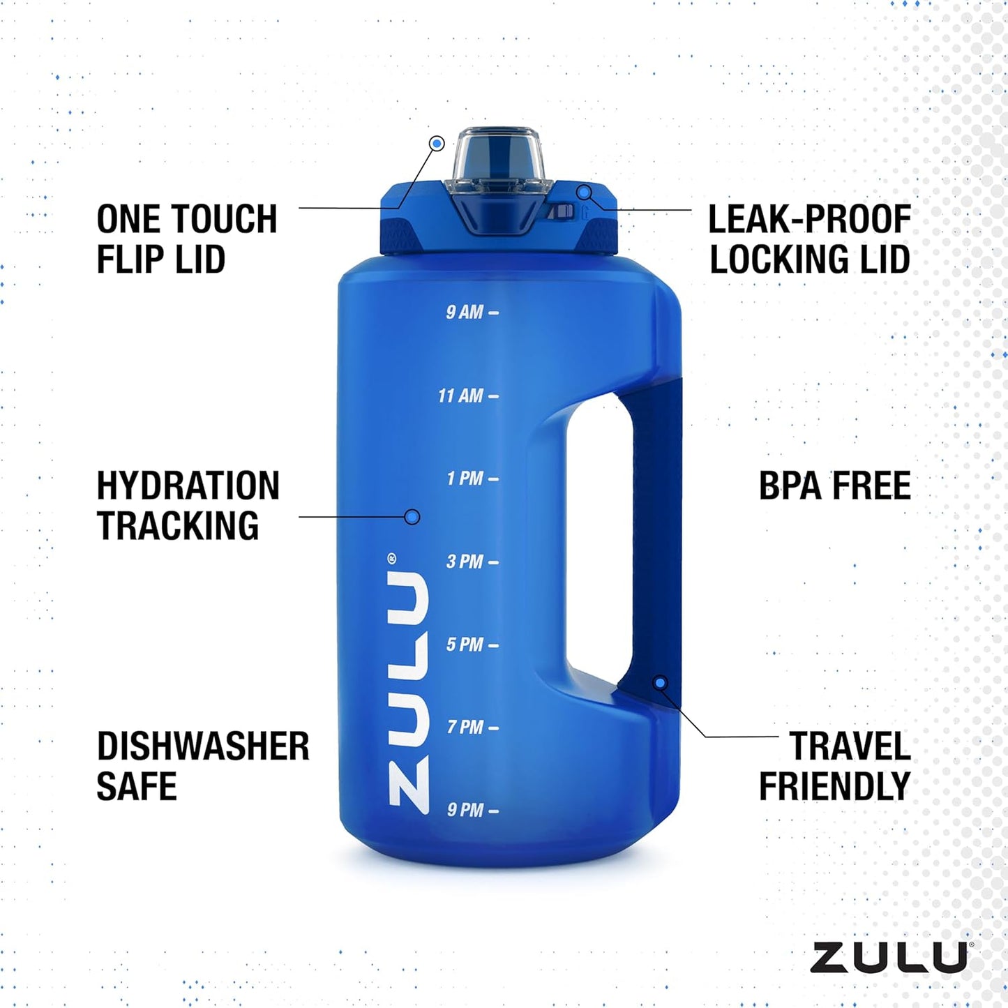 ZULU Goals 64oz Half Gallon Plastic Water Bottle with Straw and Time Marker | Large Reusable Jug with Handle and Leak Proof Lid for All Day Hydration, Gym and Outdoors, Gift Ready, Royal Blue