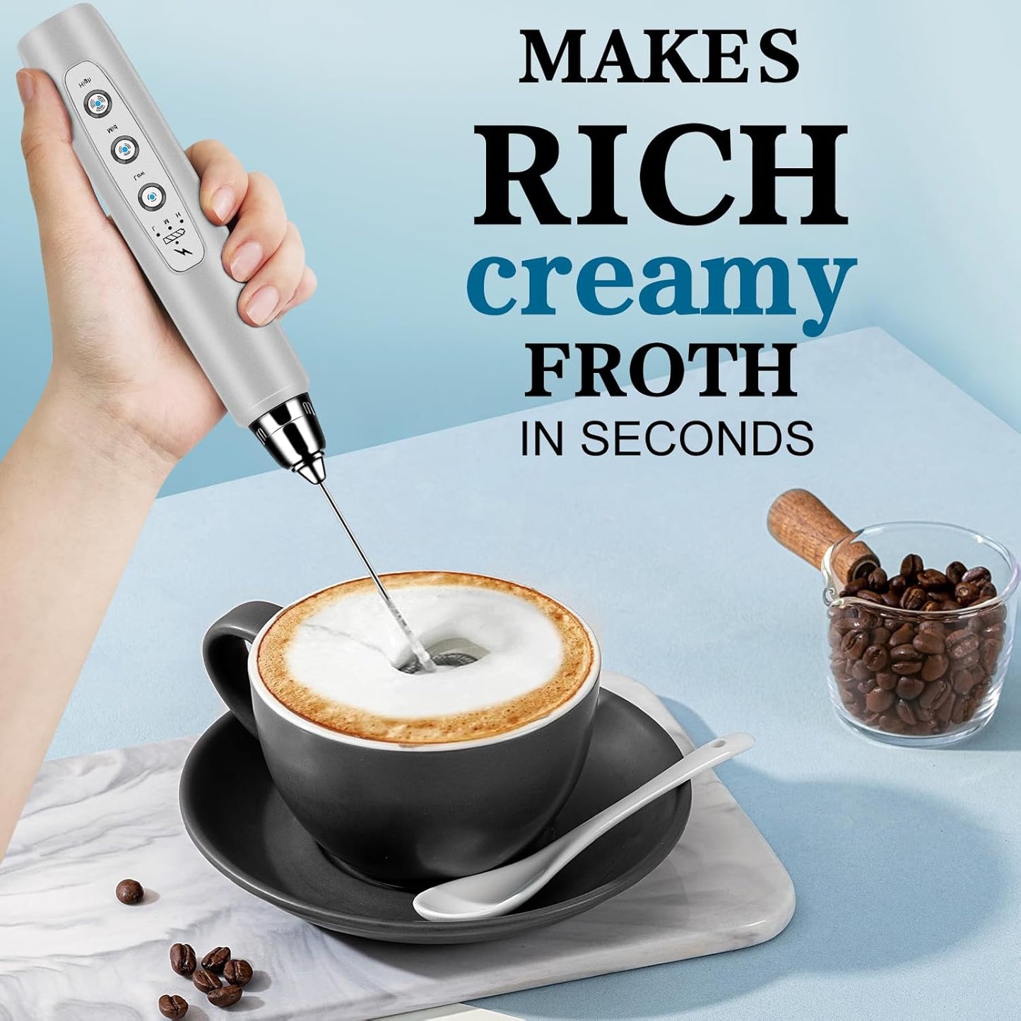 YUSWKO Black Handheld Milk Frother Wand for Coffee, Rechargeable Electric Whisk with 3 Heads 3 Speeds Drink Mixer Coffee Frother For Latte, Cappuccino, Hot Chocolate, Egg