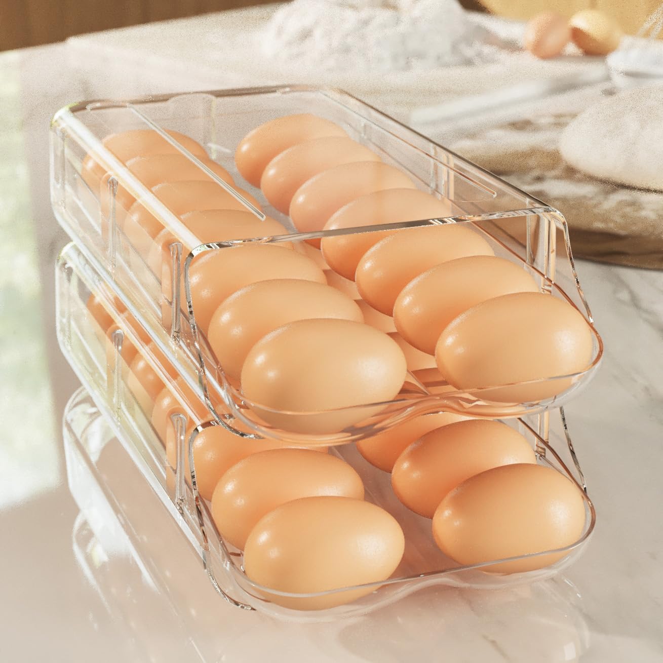 theaoo Egg Holder for Fridge, Automatic Rolling Egg Container for Refrigerator, Clear Plastic Egg Dispenser, Stackable Eggs Organizer with Quick Removable inner Tray For Organizers and Storage, 2 Pack