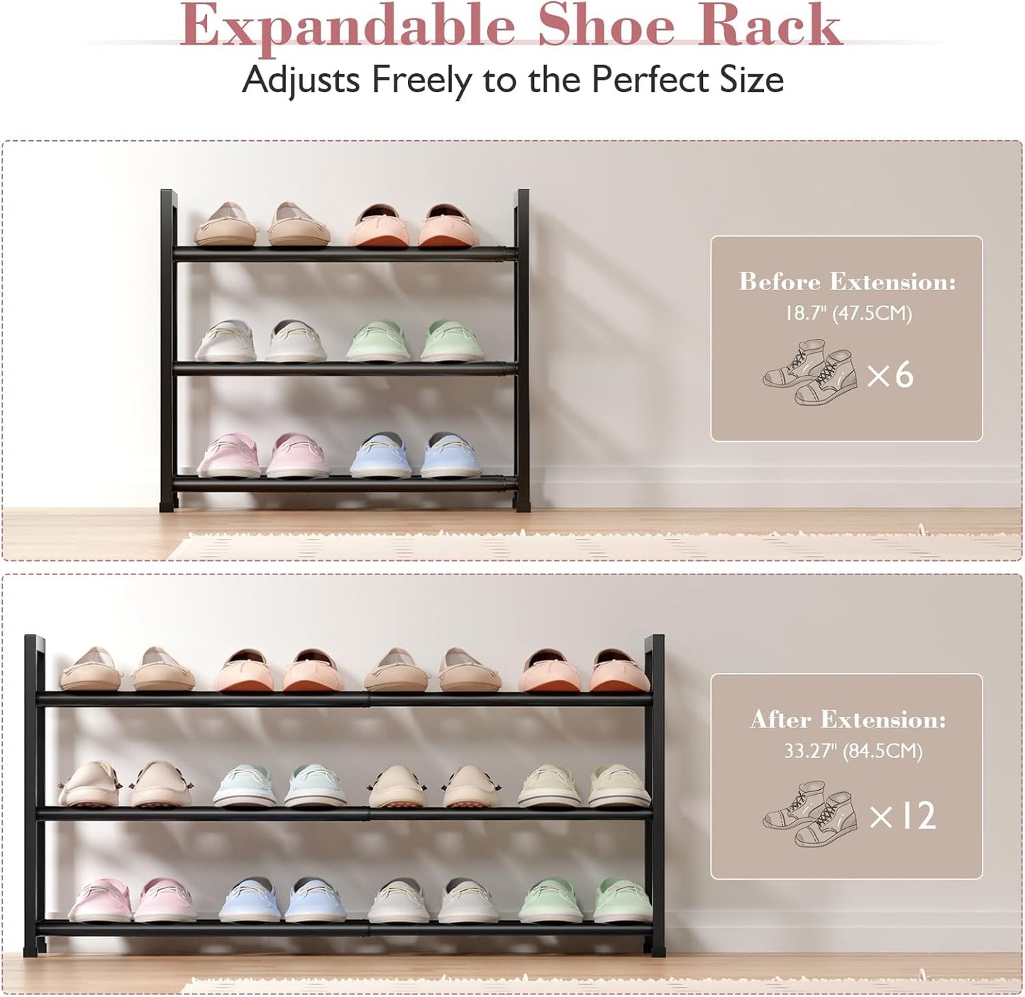 Bumusty 3-Tier Expandable Shoe Rack for Closet, 18“-33” Adjustable Shoe Rack for Small Space, Small Shoe Organizer for Front Door, Sturdy Metal, Black