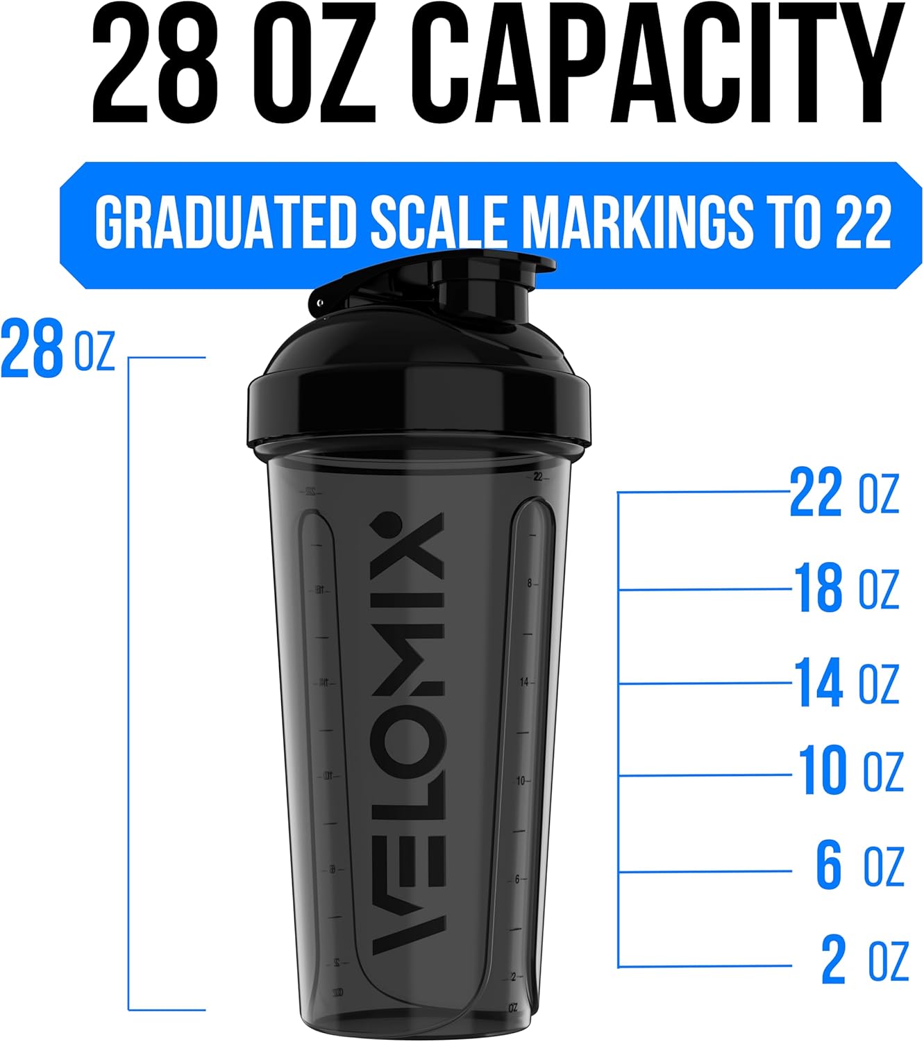 VELOMIX -2 Pack- 28 oz Protein Shaker Bottles for Protein Mixes - 2x Wire Whisk | Leak Proof Shaker Cups for Protein Shakes | Protein Shaker Bottle Pack (Black/Transparent)