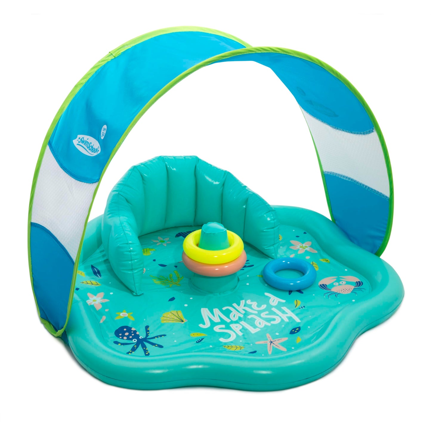 SwimSchool Infant Baby Pool Floats, Free Swimming, Super Buoyant – Ages 6-24 Months – Multiple Colors/Styles – Adjustable Canopies and Seats, Splash & Play Baby Floaties