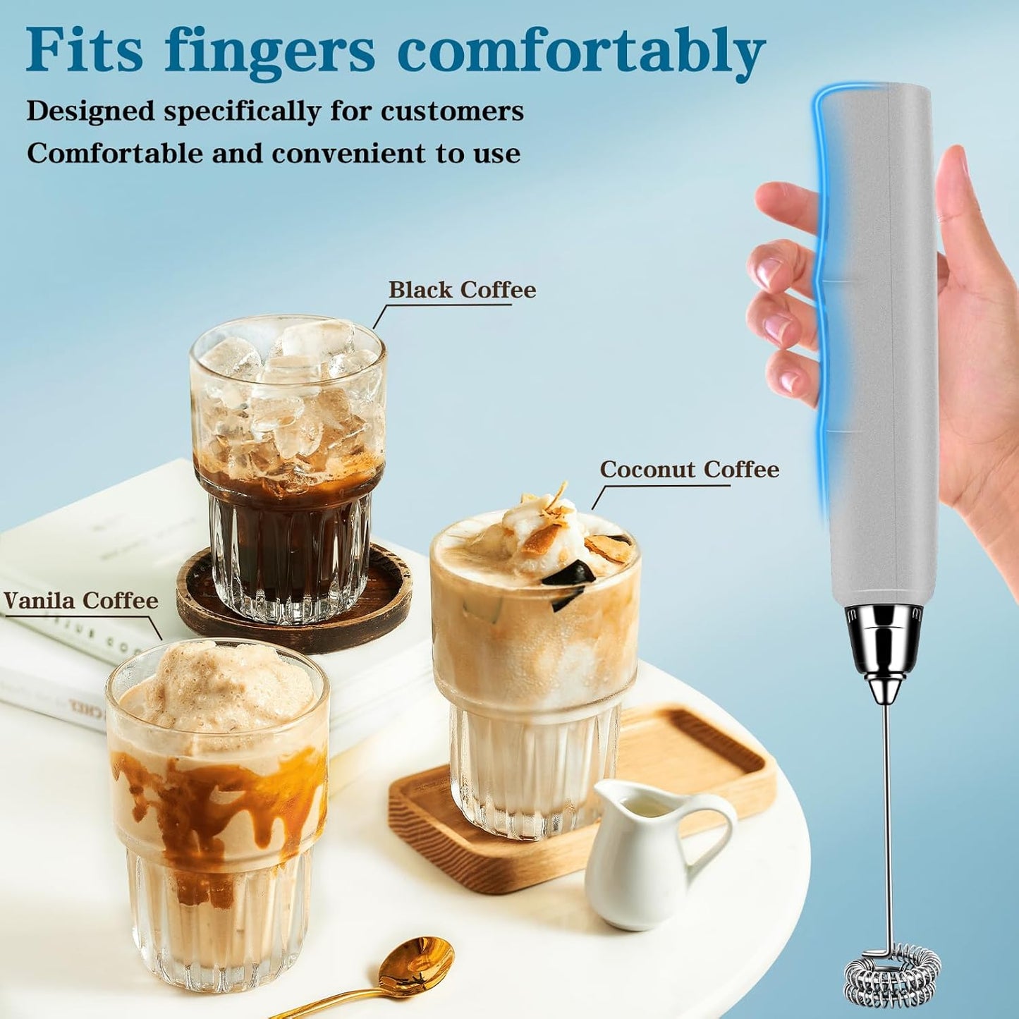 YUSWKO Black Handheld Milk Frother Wand for Coffee, Rechargeable Electric Whisk with 3 Heads 3 Speeds Drink Mixer Coffee Frother For Latte, Cappuccino, Hot Chocolate, Egg