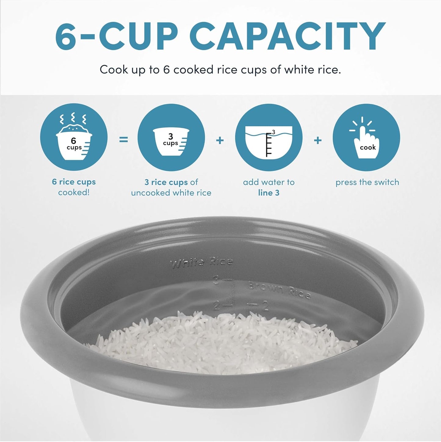 AROMA® Rice Cooker, 3-Cup (Uncooked) / 6-Cup (Cooked), Small Rice Cooker, Oatmeal Cooker, Soup Maker, Auto Keep Warm, 1.5 Qt, White, ARC-363NG