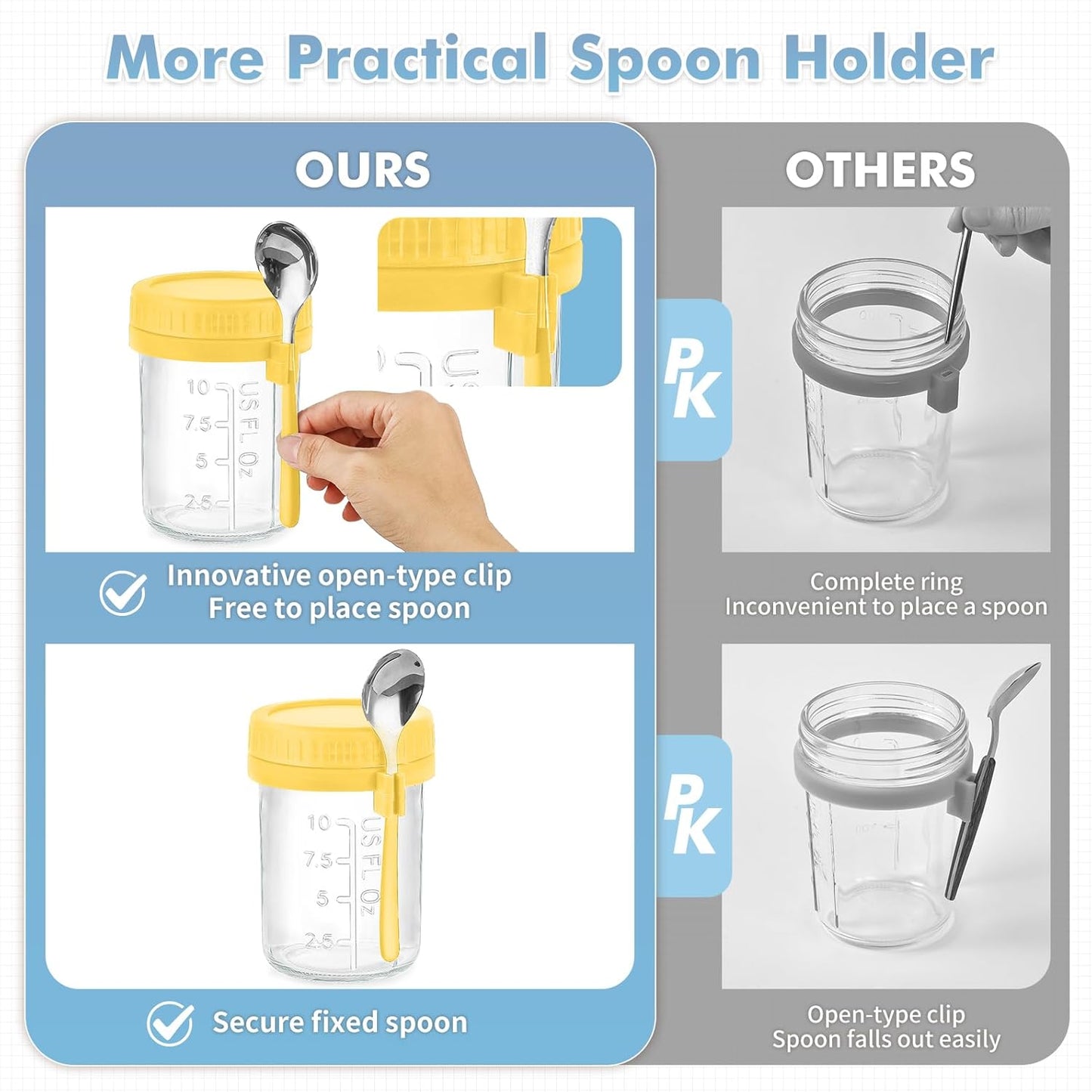 DRKIO 6 Pack Overnight Oats Containers with Lids and Spoons 16 Oz Glass Mason Jars for Overnight Oats Leak Proof Oatmeal Container Great for Cereal Fruit Vegetable Milk Salad Yogurt Meal Prep