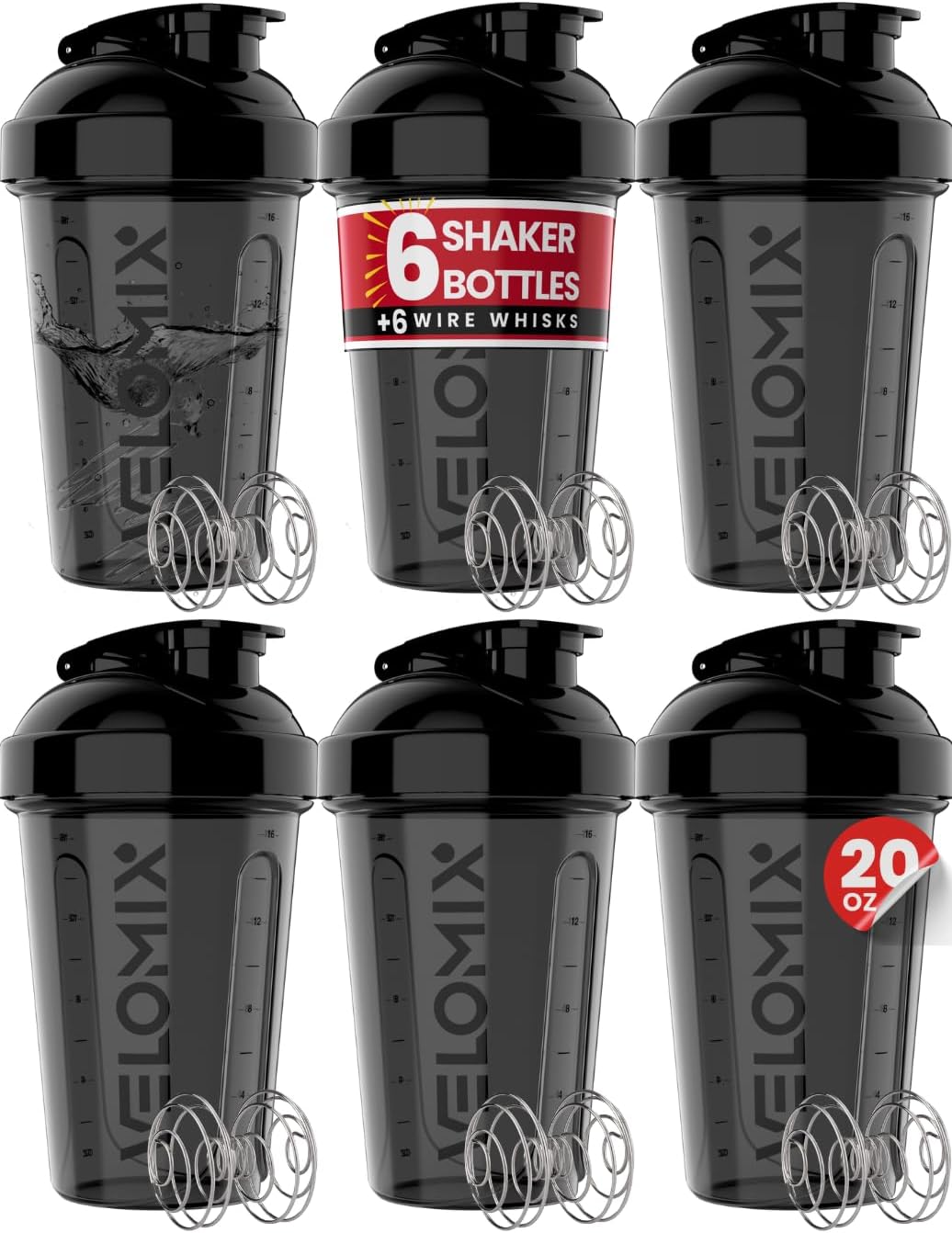 VELOMIX -6 PACK- Shaker Cups for Protein Shakes 20 oz - 6x Wire Whisk | Leak Proof Protein Shaker Bottle for Protein Shakes, Shaker Bottle Pack for Pre & Post Workout, Shaker Cup (ALL IN BLACK)