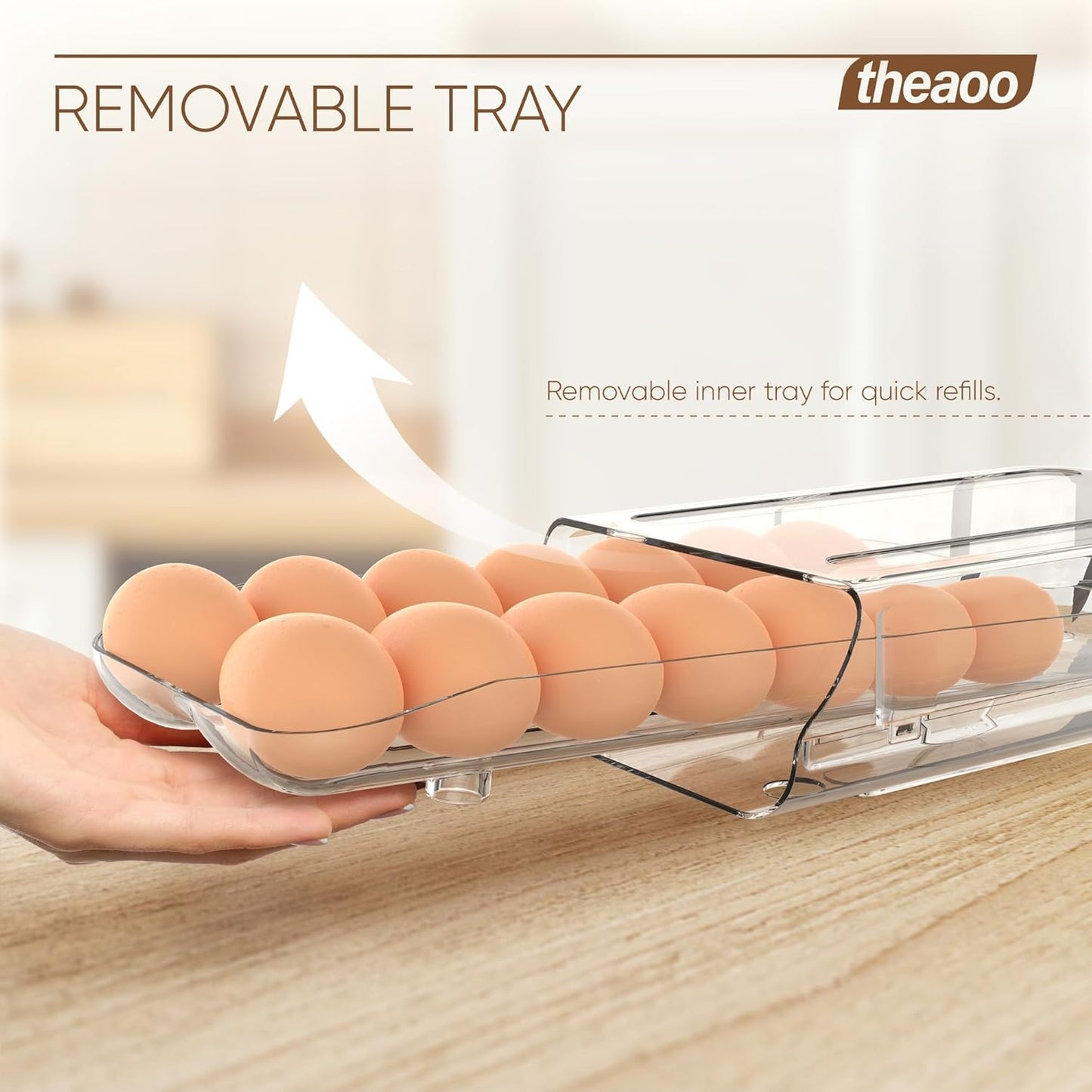 theaoo Egg Holder for Fridge, Automatic Rolling Egg Container for Refrigerator, Clear Plastic Egg Dispenser, Stackable Eggs Organizer with Quick Removable inner Tray For Organizers and Storage, 2 Pack