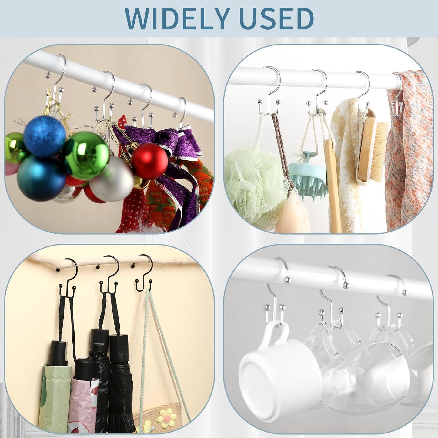 Goowin Shower Curtain Hooks, 12 Pcs Shower Curtain Rings, Durable Rust Proof Black Shower Curtain Hooks, Shower Rings for Curtain, Double Glide Shower Hooks for Shower Curtain Rods, Black