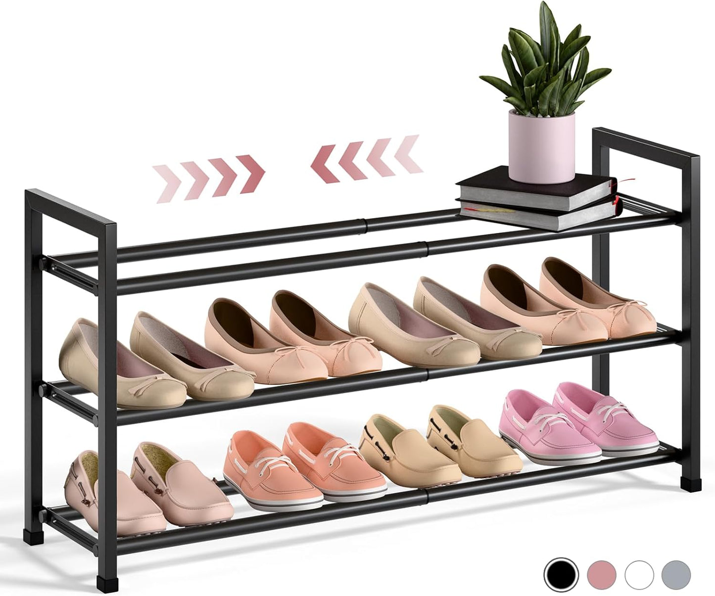 Bumusty 3-Tier Expandable Shoe Rack for Closet, 18“-33” Adjustable Shoe Rack for Small Space, Small Shoe Organizer for Front Door, Sturdy Metal, Black