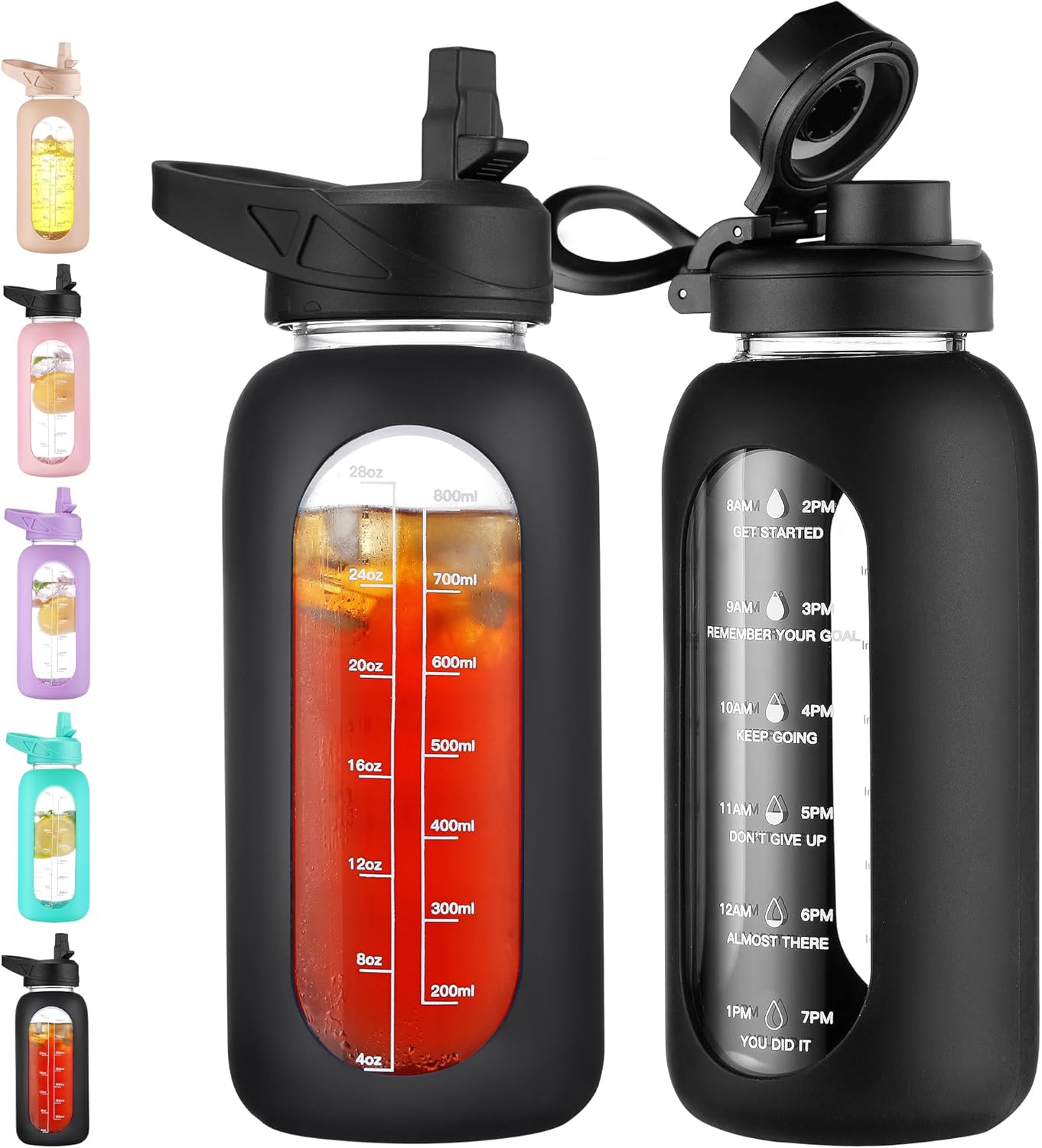 CIVAGO 32 oz Glass Water Bottle with Straw and Handle, Large Sports Motivational Water Bottle Flask with Time Marker and 2 Lids, Leakproof Water Jug Canteen with Silicone Sleeve for Gym,Black