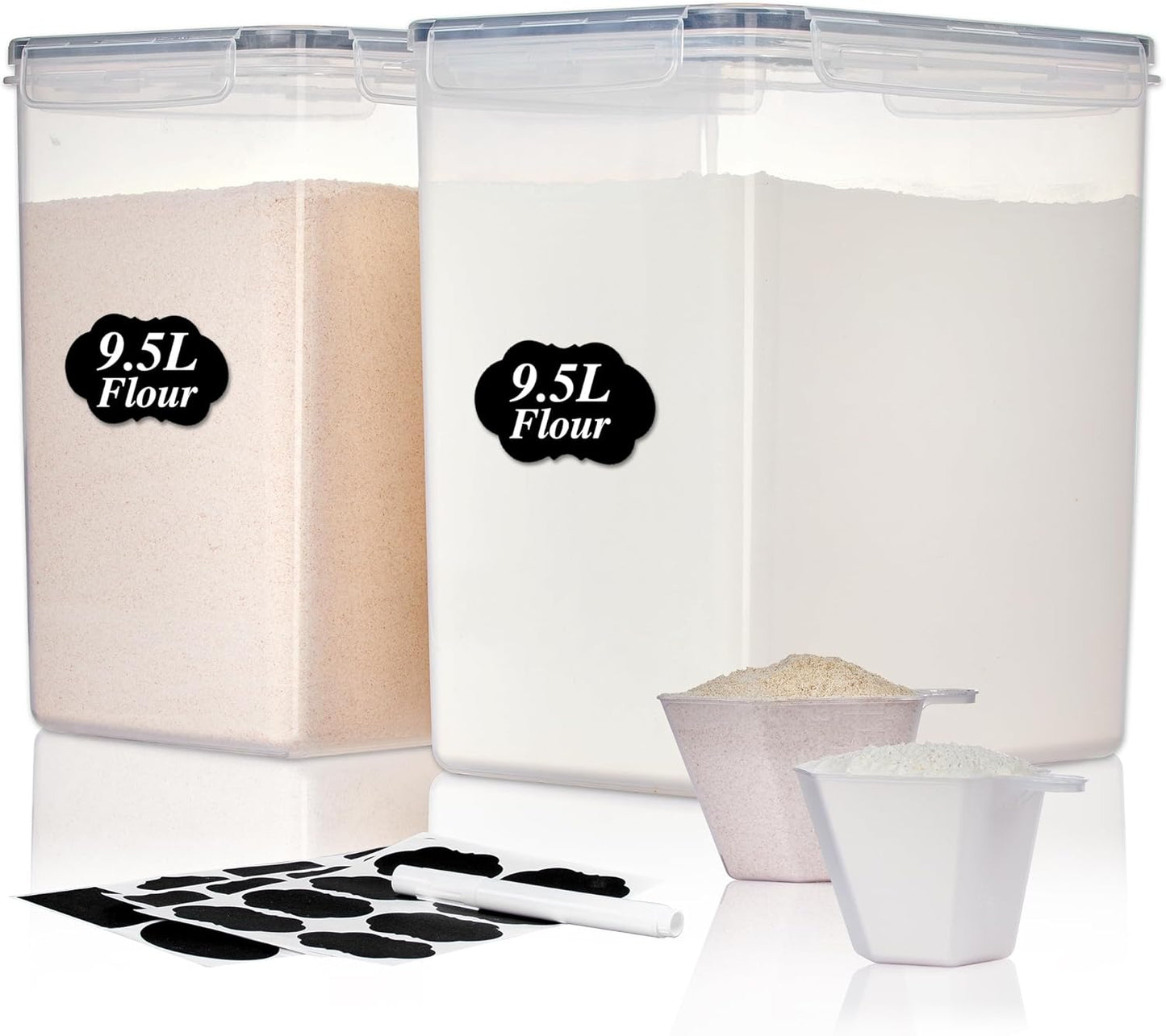 Vtopmart 9.5L 2 Pack Extra Large Flour Sugar Storage Containers for 25lbs flour, Airtight Kitchen Pantry Organization Canisters with Lids for Bulk food, Rice, Baking Supplies, BPA Free, Black