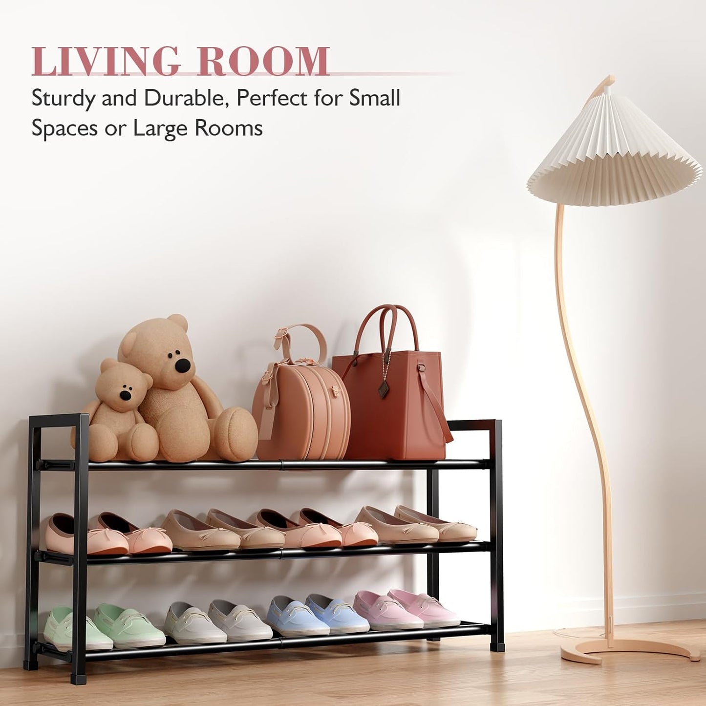 Bumusty 3-Tier Expandable Shoe Rack for Closet, 18“-33” Adjustable Shoe Rack for Small Space, Small Shoe Organizer for Front Door, Sturdy Metal, Black