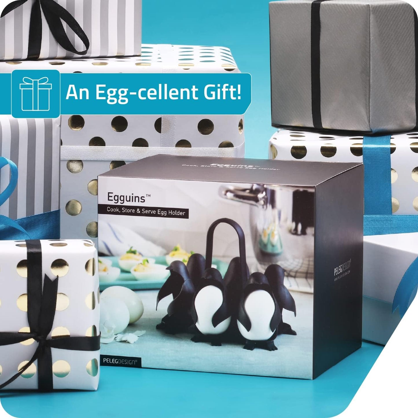 PELEG DESIGN Egguins 3-in-1 Cook, Store and Serve Egg Holder, Penguin-Shaped Boiled Egg Cooker for Making Soft or Hard Boiled Eggs, Eggies, Holds 6 Eggs for Easy Cooking and Fridge Storage