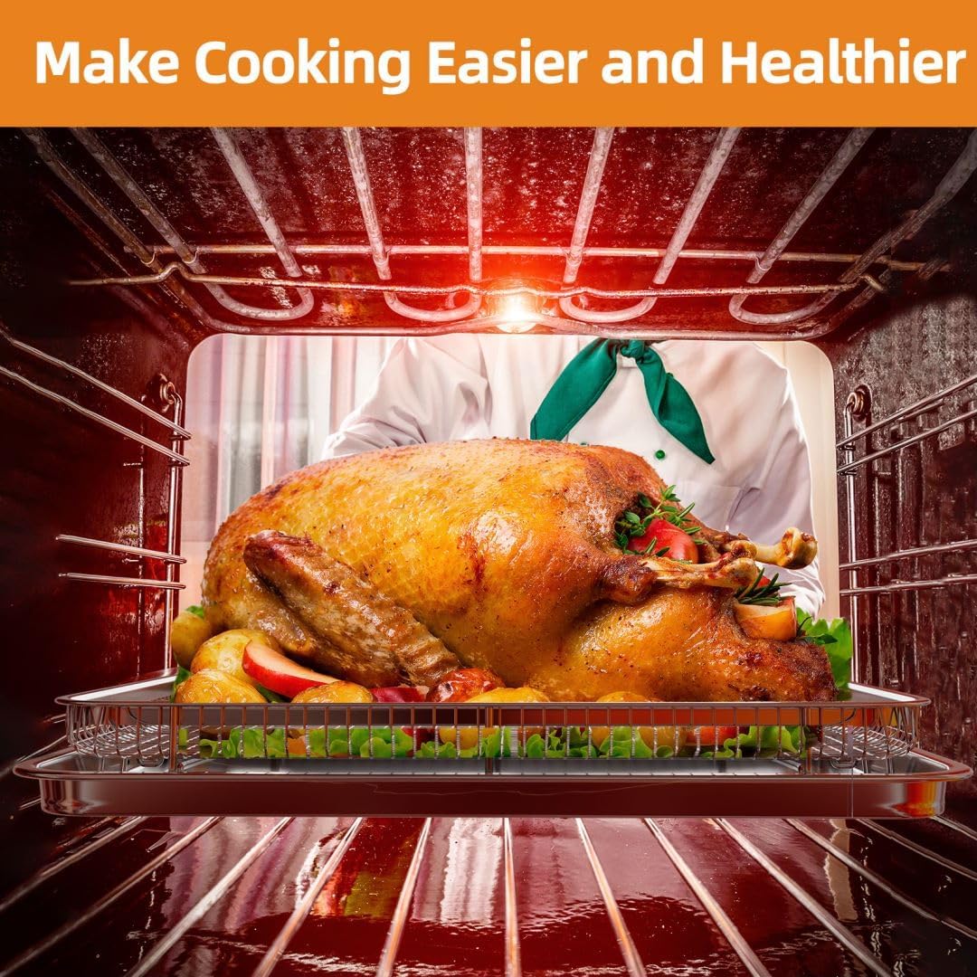 Air Fryer Basket for Oven, Extra Large 18.8" x 12.8" Oven Air Fryer Basket and Tray Set with 30 PCS Parchment Papers, Stainless Steel Air Fryer Pan and Crisper Tray (Silver)