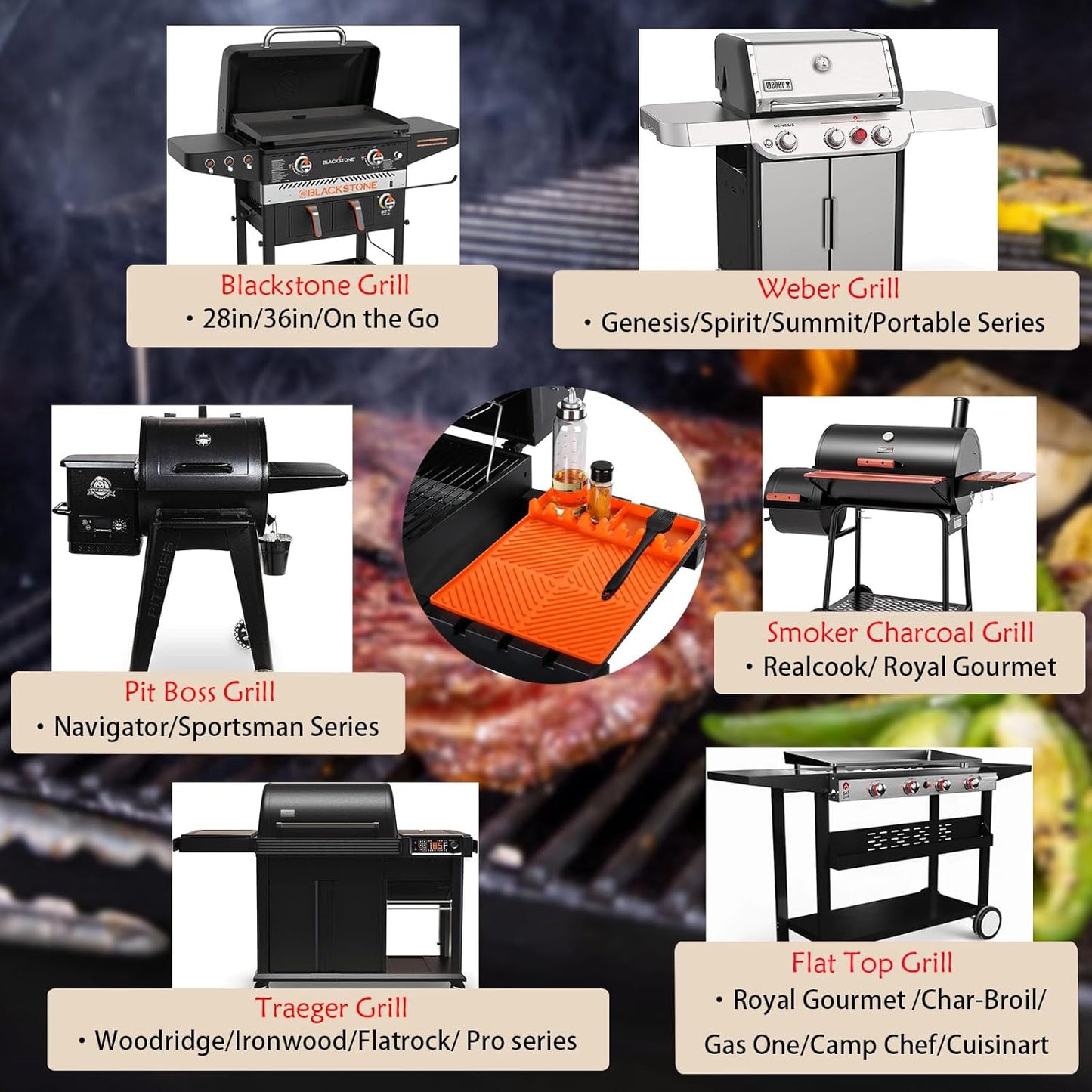 Silicone Tools Mat for Griddle Kitchen Cooking Baking Countertop-Side Shelf Spatula Mat with Drip Pad for Blackstone Weber Traeger Pit Boss Flat Top Grill Smoker- BBQ Accessories Gifts for Men(Orange)