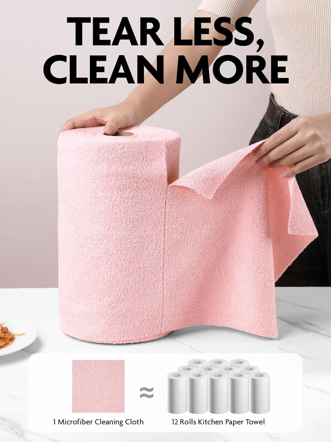 Fantasticlean Microfiber Cleaning Cloth Roll -75 Pack, Tear Away Microfiber Towels, 12" x 12", Reusable, Washable, Scratch Free, Ultra Absorbent Dishcloth for All-Around Cleaning Supplies (Pink)