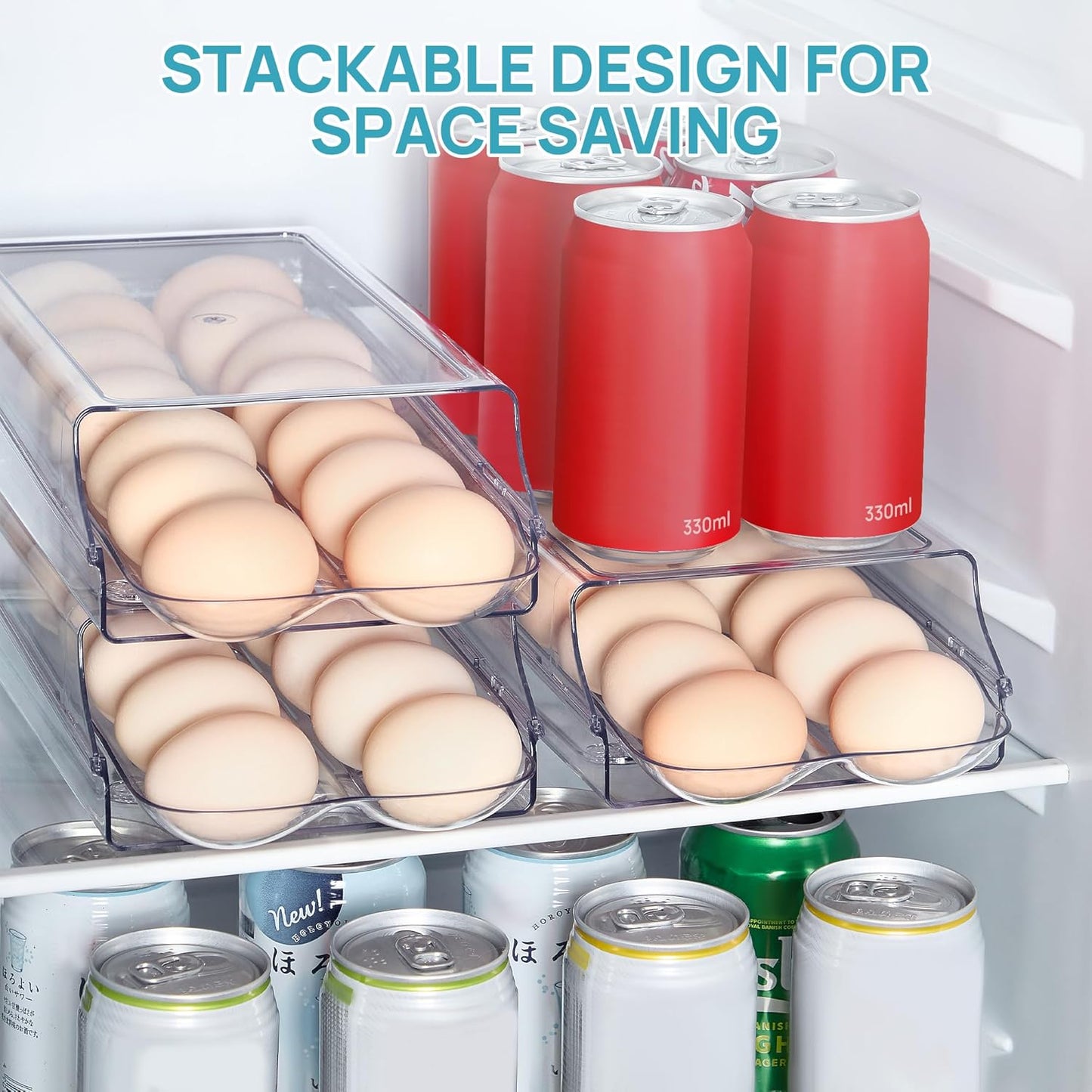 Vtopmart Clear Plastic Egg Holder for Fridge, Automatic Rolling Egg Container for Refrigerator, Stackable 14-Count Eggs Organizer with Removable Inner Tray, Fridge Organizers and Storage, 2Pack
