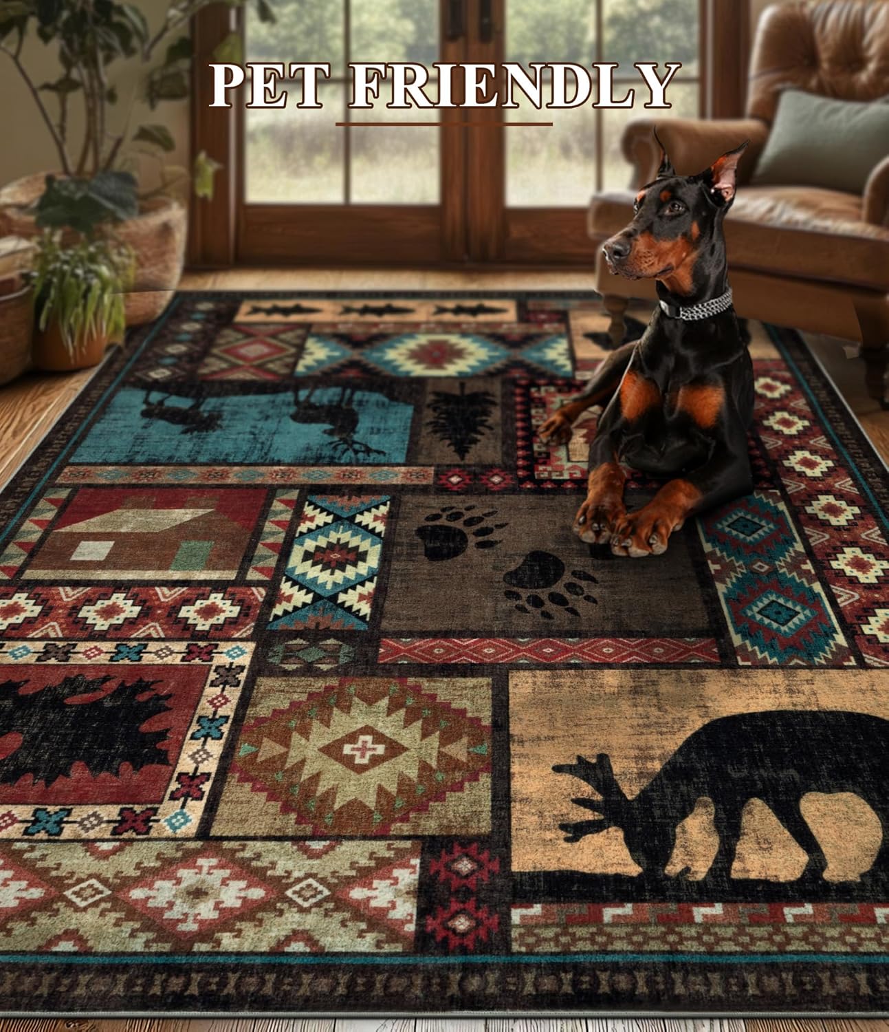 Hallway Runner Rug 2x6 Indoor Door Mat - Bear Rustic Cabin Non-Slip Entryway Rug, Low Pile Tribal Print for Kitchen, Bedroom