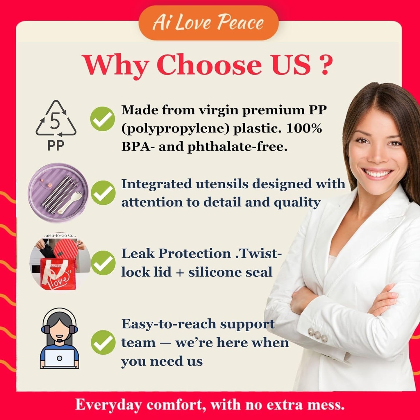 AI LOVE PEACE Microwaveable Ramen Noodle Bowl Cooker 40oz for Ramen, Rice, Pho, Soup, and Pasta, Dishwasher Safe and Portable, Ideal for Home, Office, Dorm, or Gift (Red)