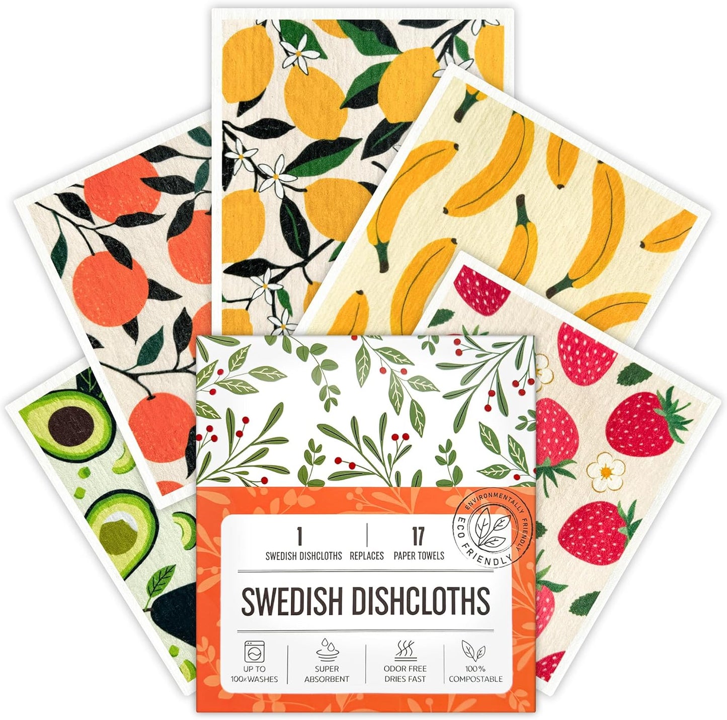 Augine Swedish Dishcloths for Kitchen, Swedish Dish Cloths 5 Pack, Super Absorbent Reusable Paper Towels Washable, Biodegradable, Quick Drying, Dishwasher Safe