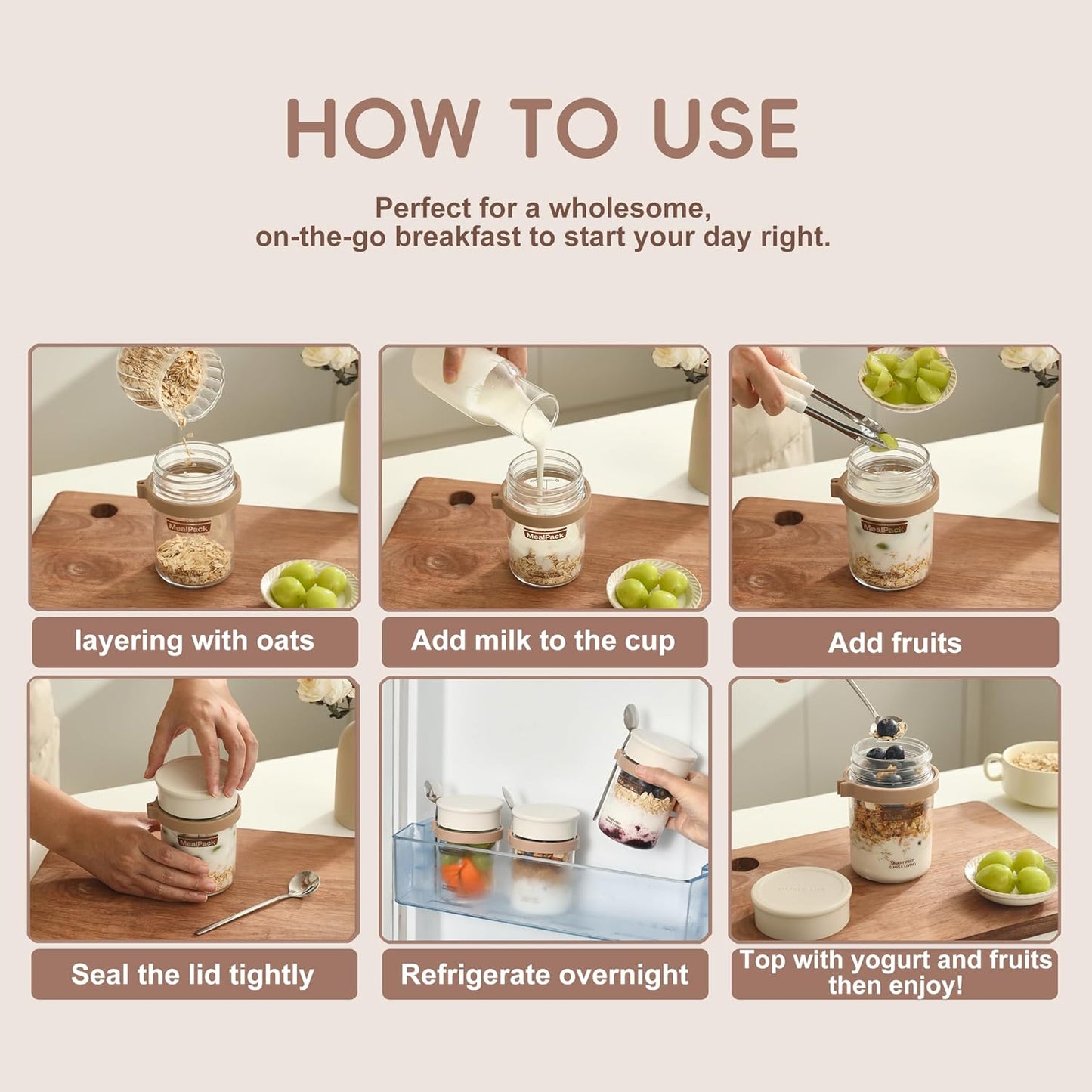 Overnight Oats Containers with Lids and Spoons (4 Pack) – 12oz Glass Jars for Yogurt Meal Prep, Chia Pudding & Snacks – Leakproof Airtight Mason Jar Set – Portable Food Storage with Cleaning Brush