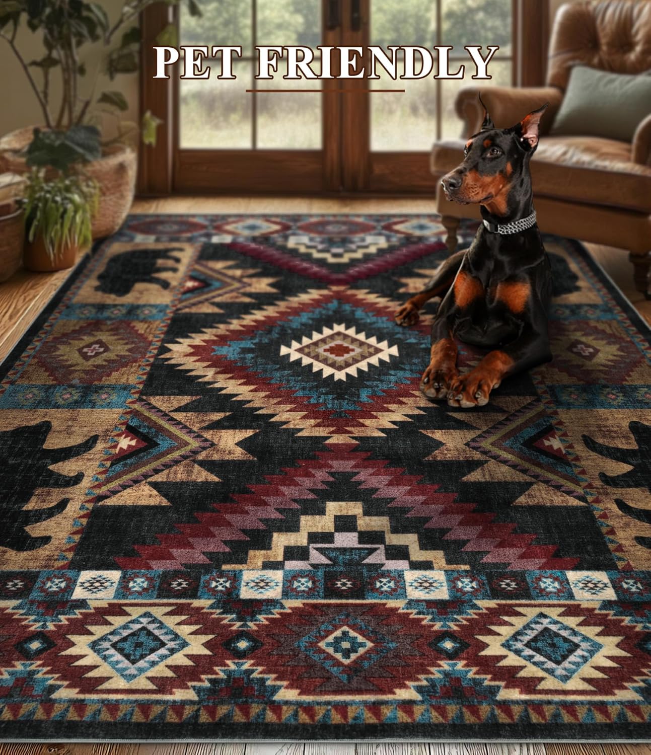 YIHOUSE Rustic Cabin Area Rug for Bedroom 5x7,Machine Washable Lodge Bear Rug,Non-Slip Low Pile Print Pattern Western Rug for Living Room