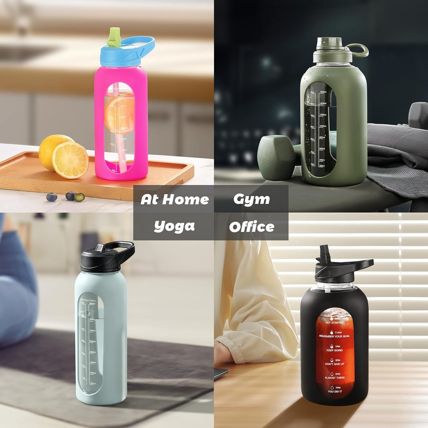 CIVAGO 32 oz Glass Water Bottle with Straw and Handle, Large Sports Motivational Water Bottle Flask with Time Marker and 2 Lids, Leakproof Water Jug Canteen with Silicone Sleeve for Gym,Black