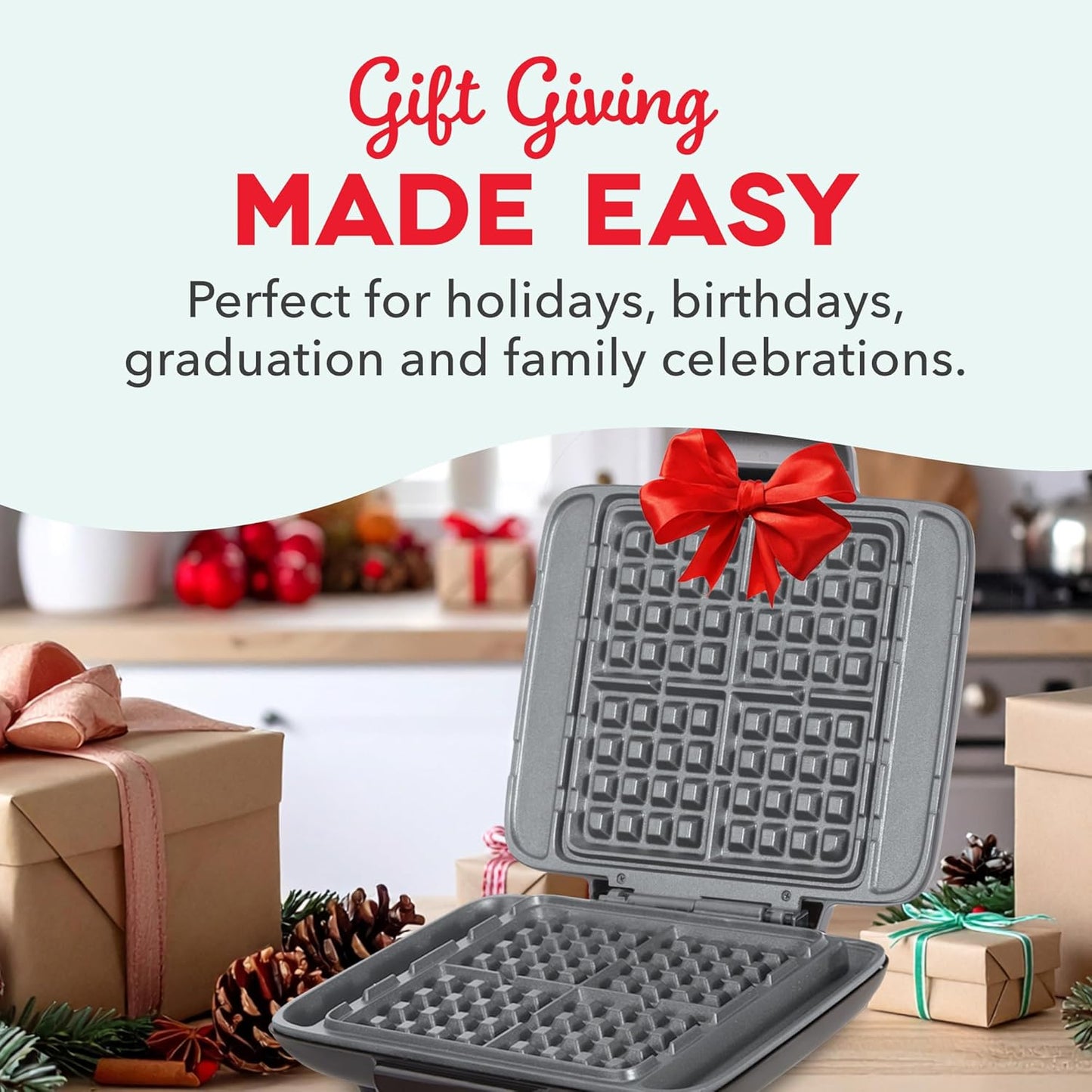 Dash No-Drip Waffle Maker - Quad Waffle Maker for Hassle-Free Breakfasts - Dual Nonstick Heating Plates & Quick Heat-Up System - Easy-Release Surface - Silver