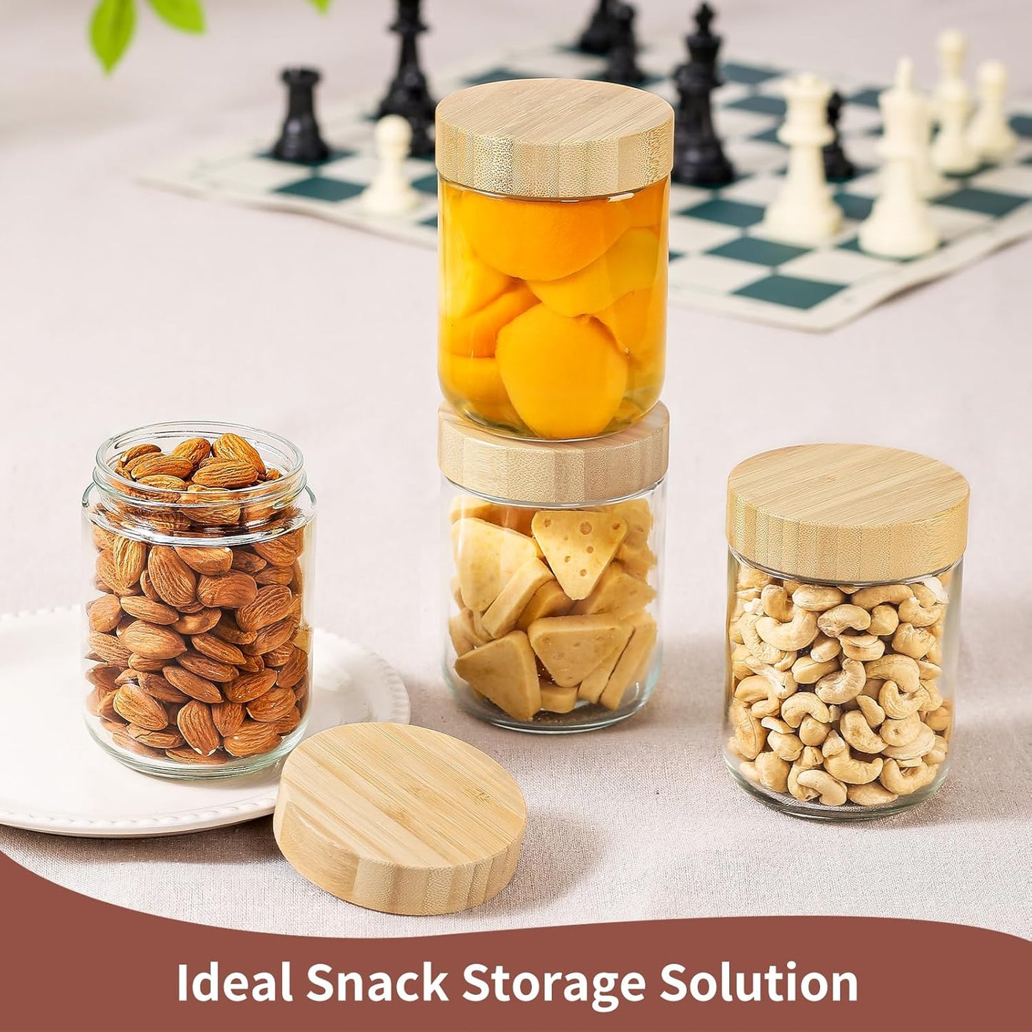 DRKIO 16 Oz Overnight Oats Containers with Bamboo Lids - 4 Pack Glass Storage Jars with Airtight Lids Wide Mouth Mason Food Jars Great for Meal Prep Salad Chia Pudding Snacks Yogurt Sugar Spice Cereal