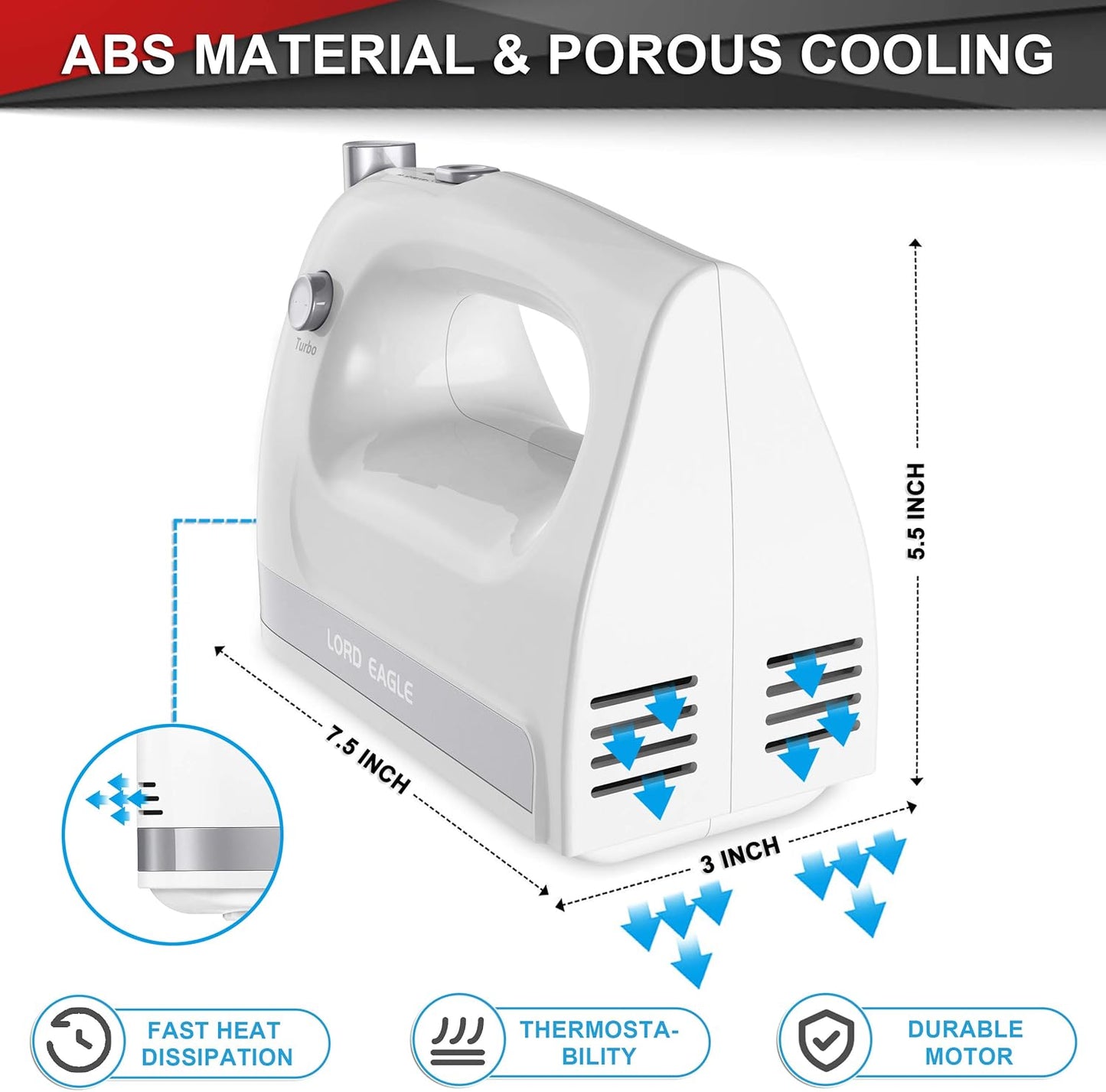 Lord Eagle Hand Mixer Electric Handheld 400W, 5-Speed Lightweight Kitchen Mixer with Storage Case, 5 Stainless Steel Attachments for Baking Cake Egg Cream Food Beater, Turbo+Eject Button