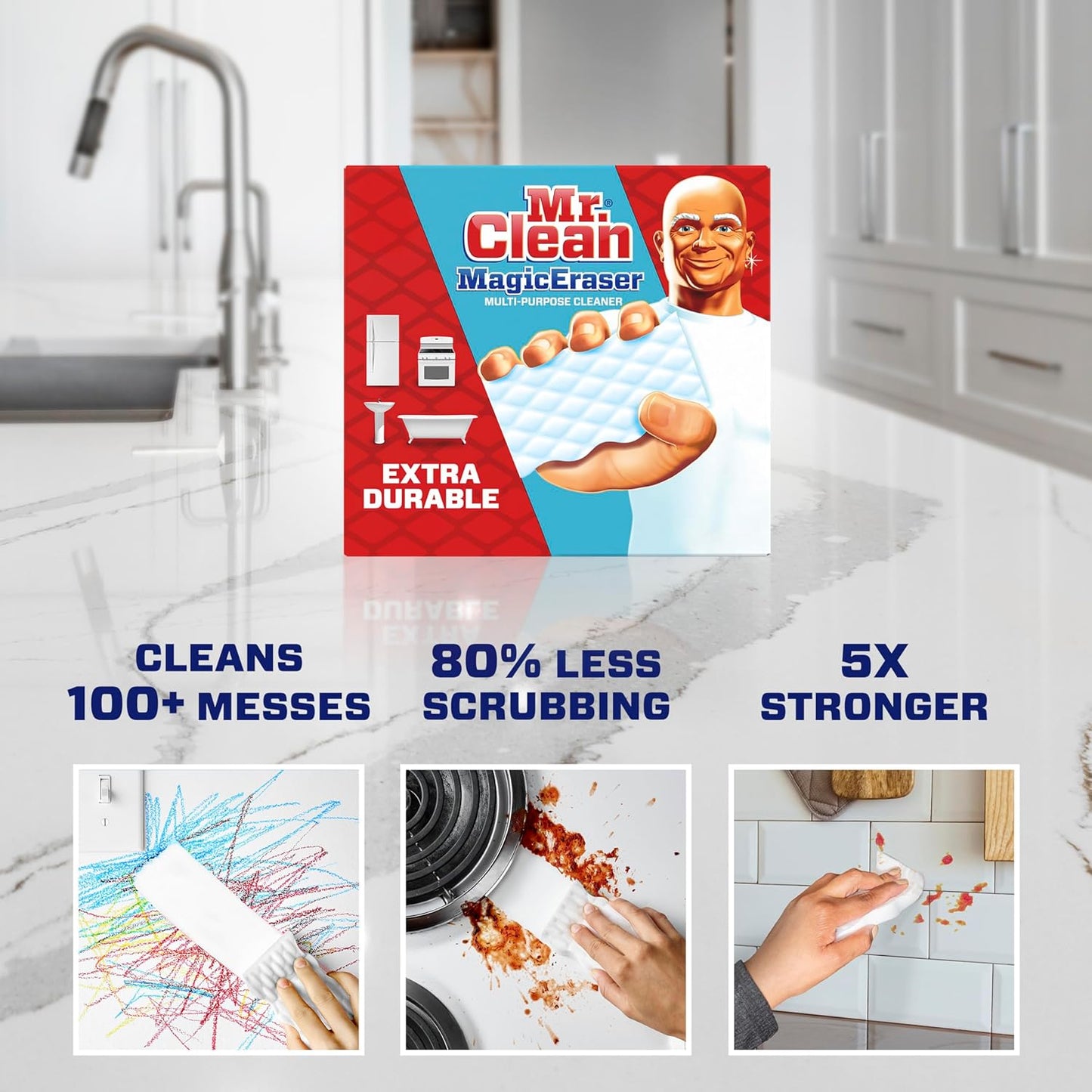 Mr. Clean Magic Eraser Sponge, All Purpose Cleaner, Cleaning Scrubber, Wall Cleaner, Sneaker Cleaner, Kitchen, Bathroom, Shower Cleaning Supplies, Melamine Sponge, Cleaning Pads, Extra Durable, 4ct