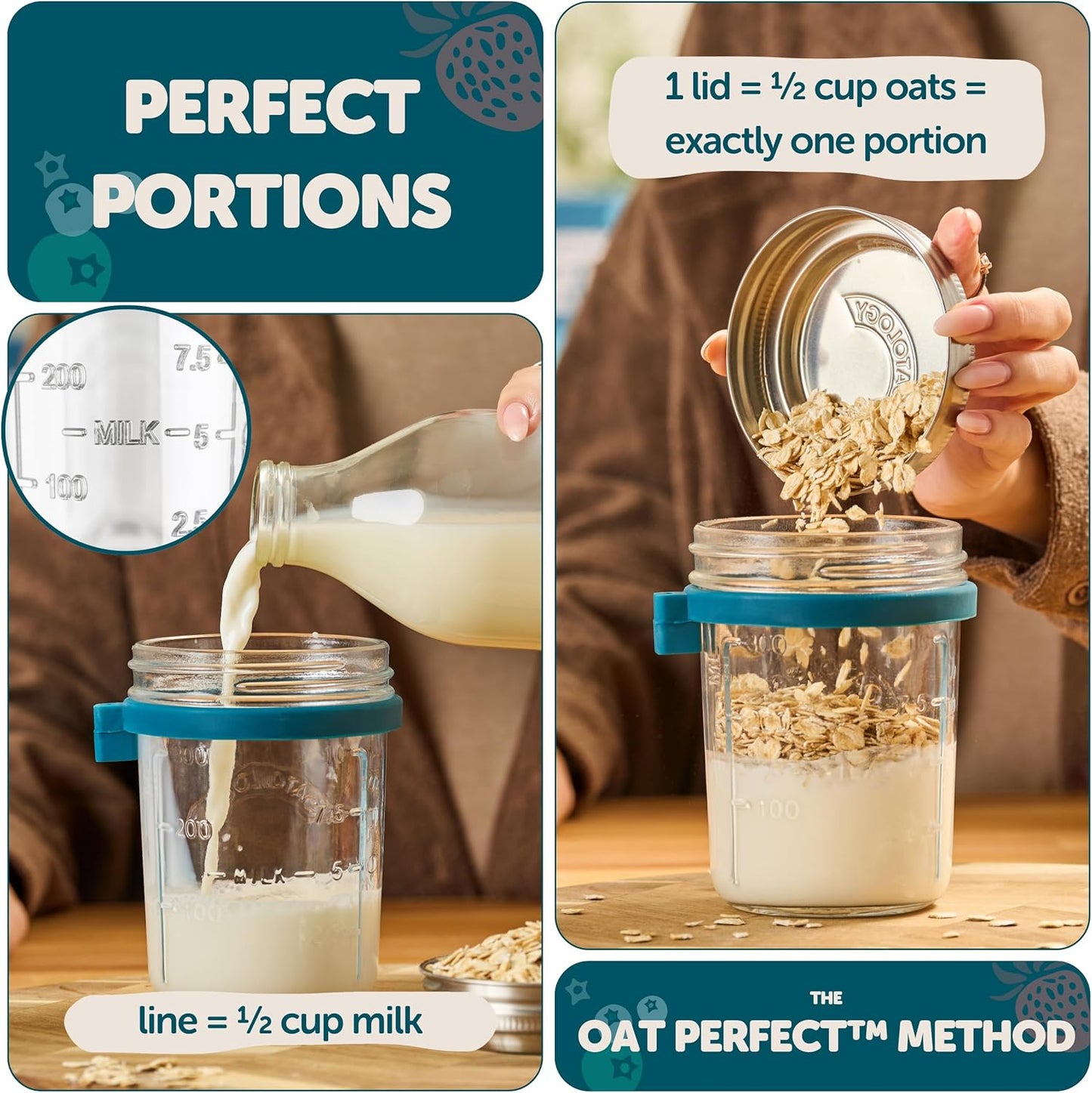 OATOLOGY Overnight Oats Containers with Lids & Spoons - Stainless Steel Lid Leakproof Glass Jars for Chia Pudding & Yogurt for Healthy Breakfast On-the-Go - 16oz Set with Unique Milk Line - 2 Pack