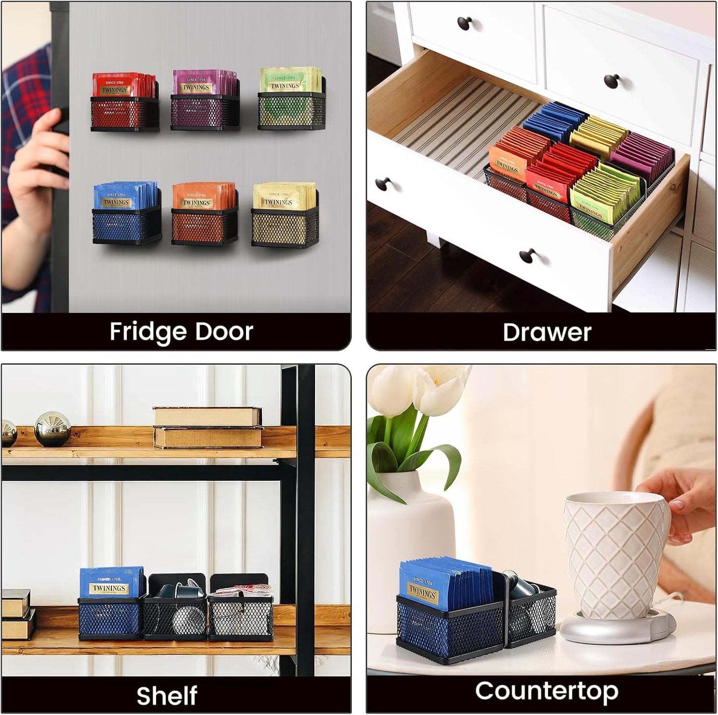 Magnetic Tea Bag Organizer - 6-Piece Metal Tea Organizer for Refrigerator, Kitchen Shelf and Counter, Stylish & Space Saving Tea Organizers and Storage