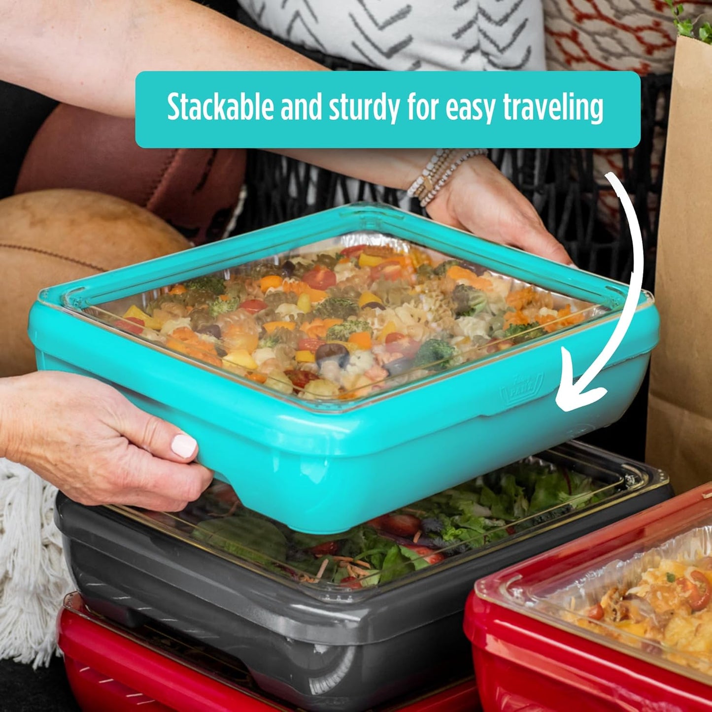 Fancy Panz - Aqua Premium Aluminum Foil Pan Carrier with Lid & Hot/Cold Pack - Elevated Food Serving Tray - Portable Casserole Carrier with Lid - Made in the USA Hosting Essentials