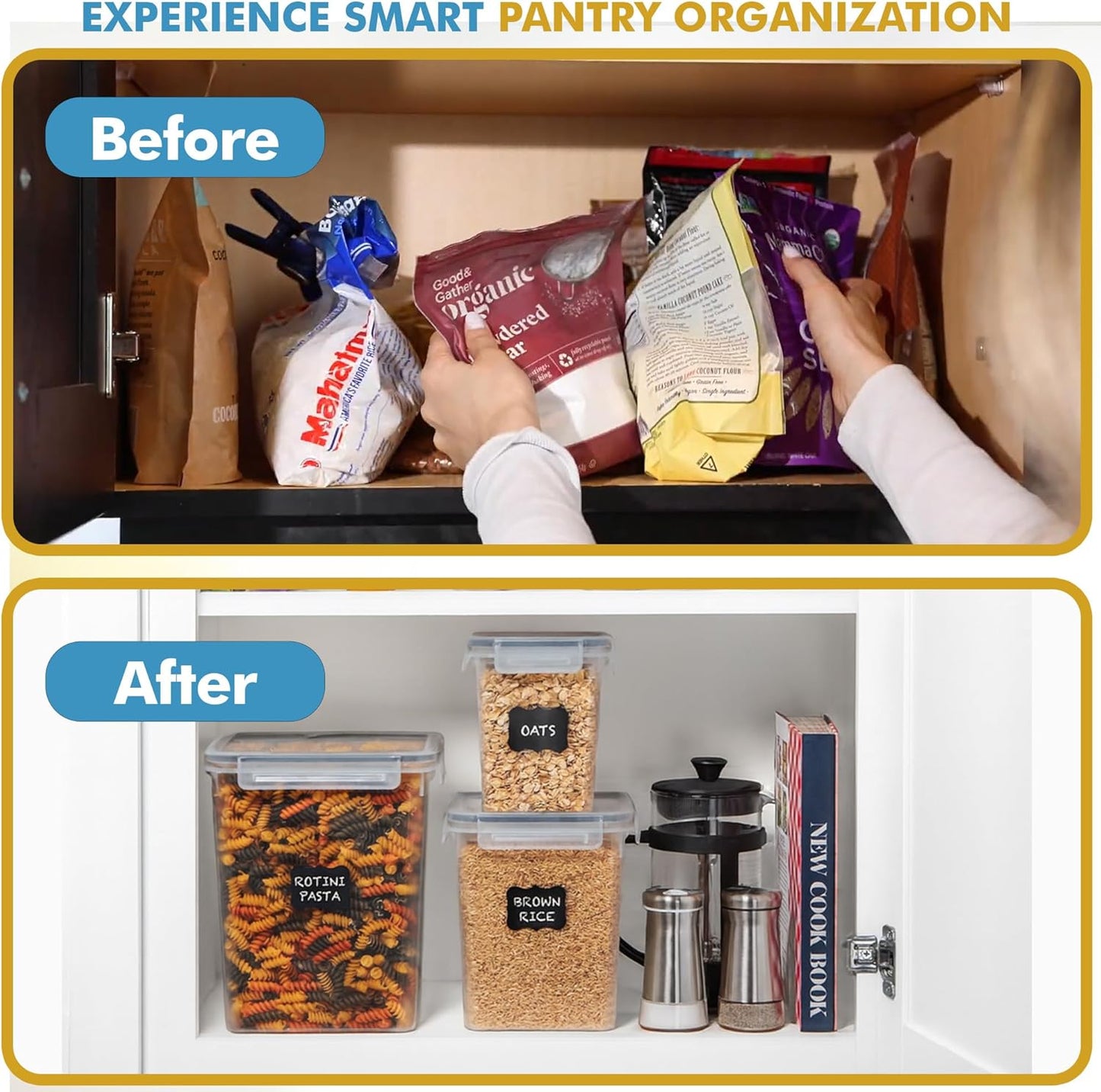 Shazo Flour Sugar Storage Containers Set of 3 (6L, 2.9L, 1.1L) Large Airtight Food Storage Containers with Lids, BPA-Free Plastic Container for Kitchen & Pantry Organizers, Cereal, Rice & Pasta