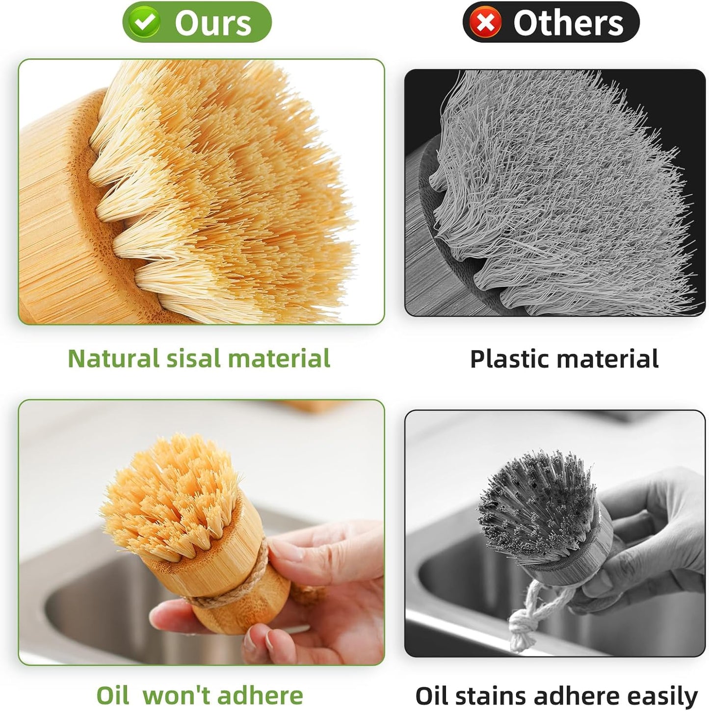 SUBEKYU Bamboo Dish Scrub Brush for Kitchen Sink, Natural Wooden Washing Dish Brush Scrubber with Sisal Bristles for Household Cleaning, Cast Iron Pots, Pans and Vegetables