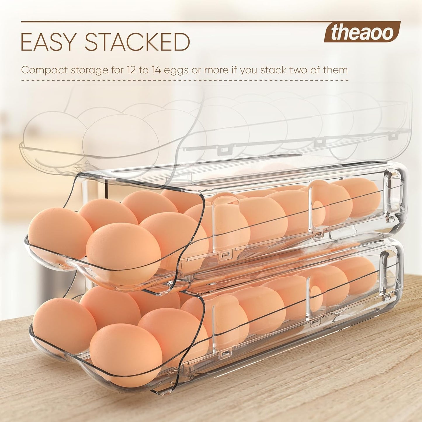 theaoo Egg Holder for Fridge, Automatic Rolling Egg Container for Refrigerator, Clear Plastic Egg Dispenser, Stackable Eggs Organizer with Quick Removable inner Tray For Organizers and Storage, 2 Pack