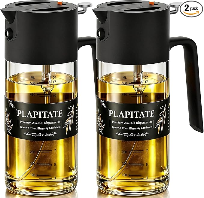 2Pcs 17oz Premium Olive Oil Sprayer for Cooking, 2 in 1 Glass Olive Oil Dispenser Bottle for Kitchen Gadgets, Spray Bottle with Portion Control for Salad, Frying, BBQ (2 Black)