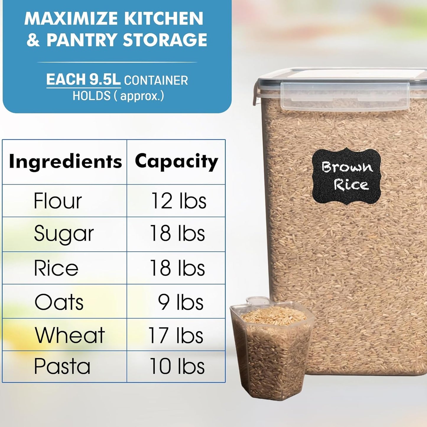 Shazo 2 PC (9.5L | 321 Oz) Extra Large Bulk Food Storage Containers with Airtight Lids for Flour, Sugar, Rice, Cereal & Pasta - Leakproof, BPA-Free Plastic Canisters for Kitchen & Pantry Organization