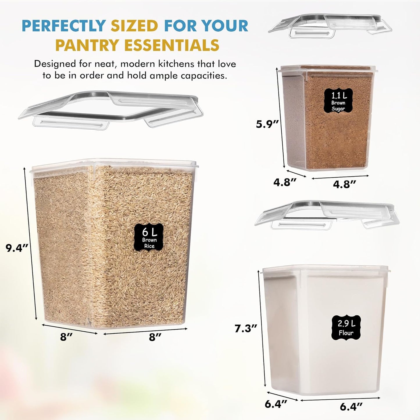 Shazo Flour Sugar Storage Containers Set of 3 (6L, 2.9L, 1.1L) Large Airtight Food Storage Containers with Lids, BPA-Free Plastic Container for Kitchen & Pantry Organizers, Cereal, Rice & Pasta