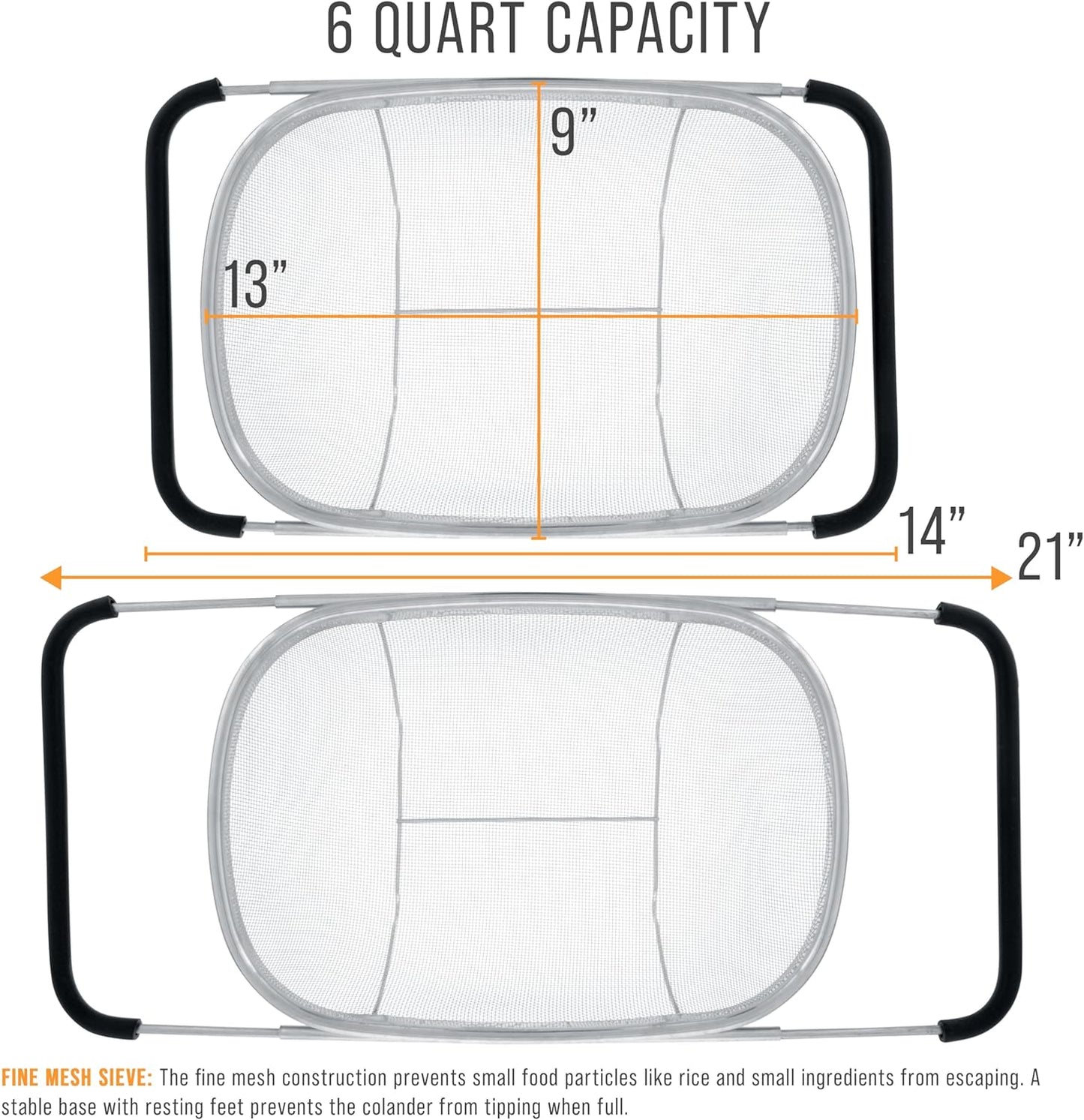 U.S. Kitchen Supply Stainless Steel Colander Strainer - 6-Quart Collapsible Colander with Expandable Rubber Handles - Rectangular Sieve, Fine Mesh Stainless Steel Strainers and Colanders for Kitchen