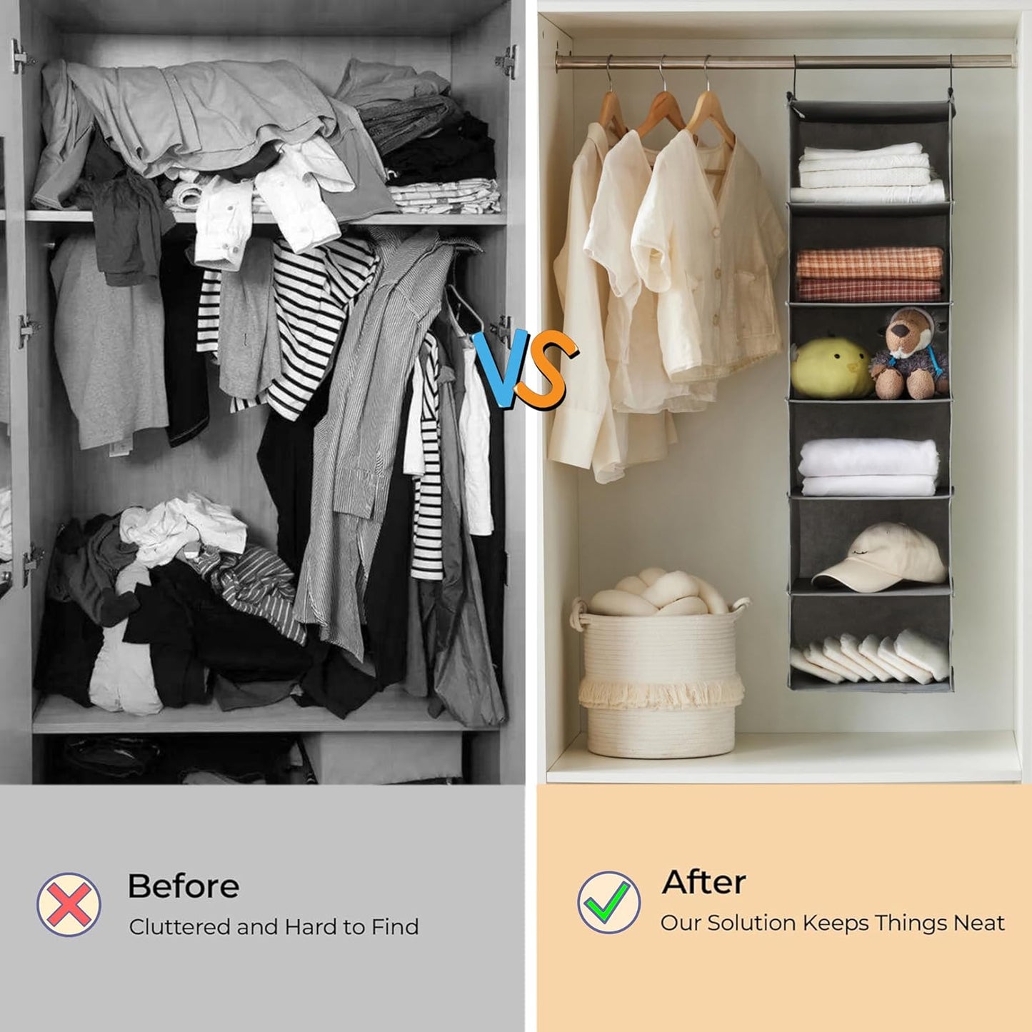 MAX Houser 6 Tier Shelf Hanging Closet Organizer, Closet Hanging Shelf with 2 Sturdy Hooks for Storage, Foldable (Grey)