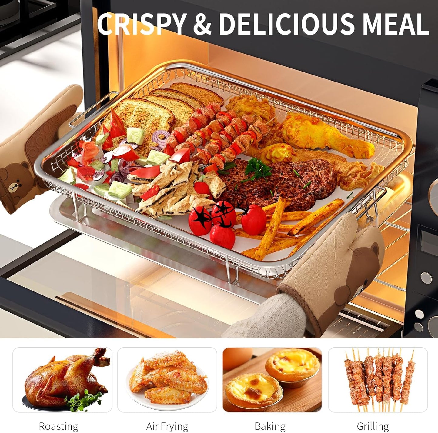 Air Fryer Basket for Oven, OPENICE 15.3" x 11.0" Large Air Fryer Tray and Pan with 30PCS Parchment Papers, Stainless Steel Oven Air Fryer Basket and Tray for Baking Grilling